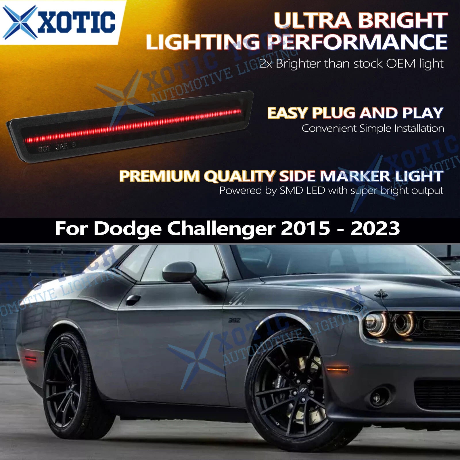 Front Rear LED Side Marker Light for 2015-2023 Dodge Challenger (Smoked)