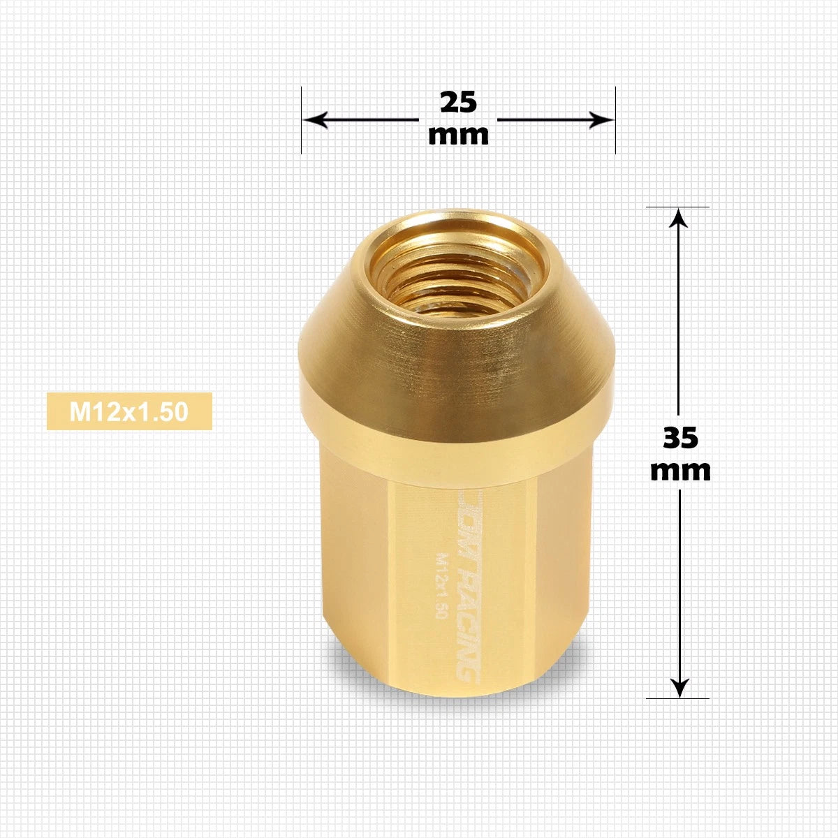 Set of 20 M12X1.5 Gold JDM Closed End Acorn Hex Wheel Lug Nuts + Extension 25mmx35mm