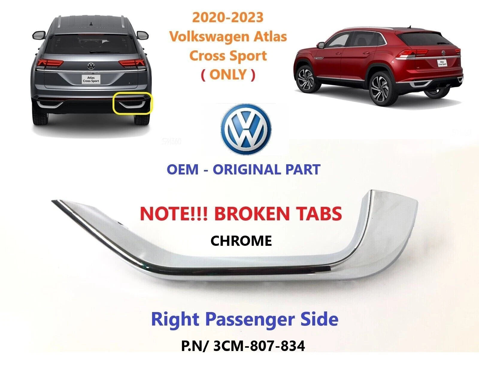 OEM Rear Right Diffuser Tips Exhaust Molding for VW Atlas Cross Sport (2020–2023)