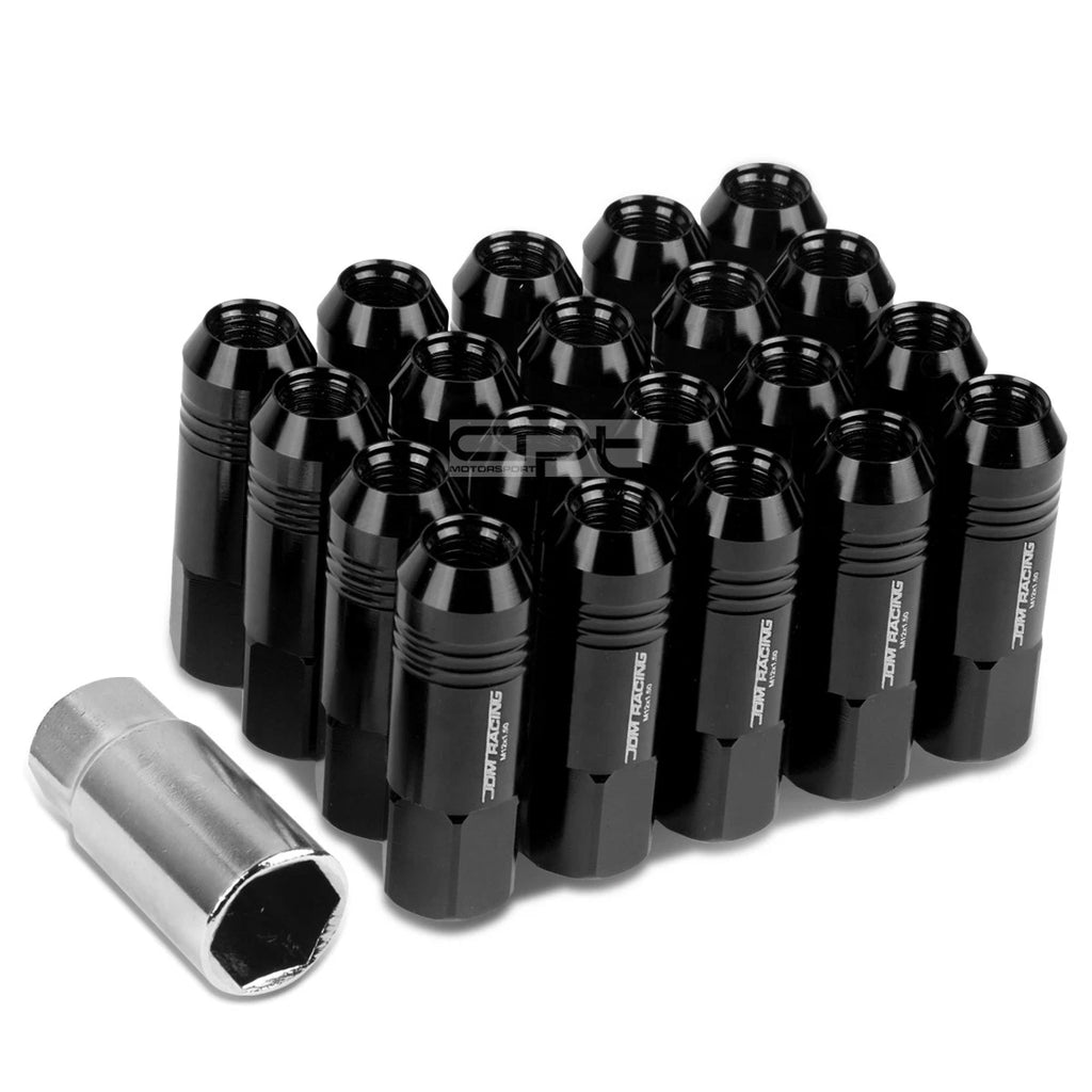 20x Open End M12x1.5 60mm Tall Black Aluminum Lug Nuts + Adapter for JDM