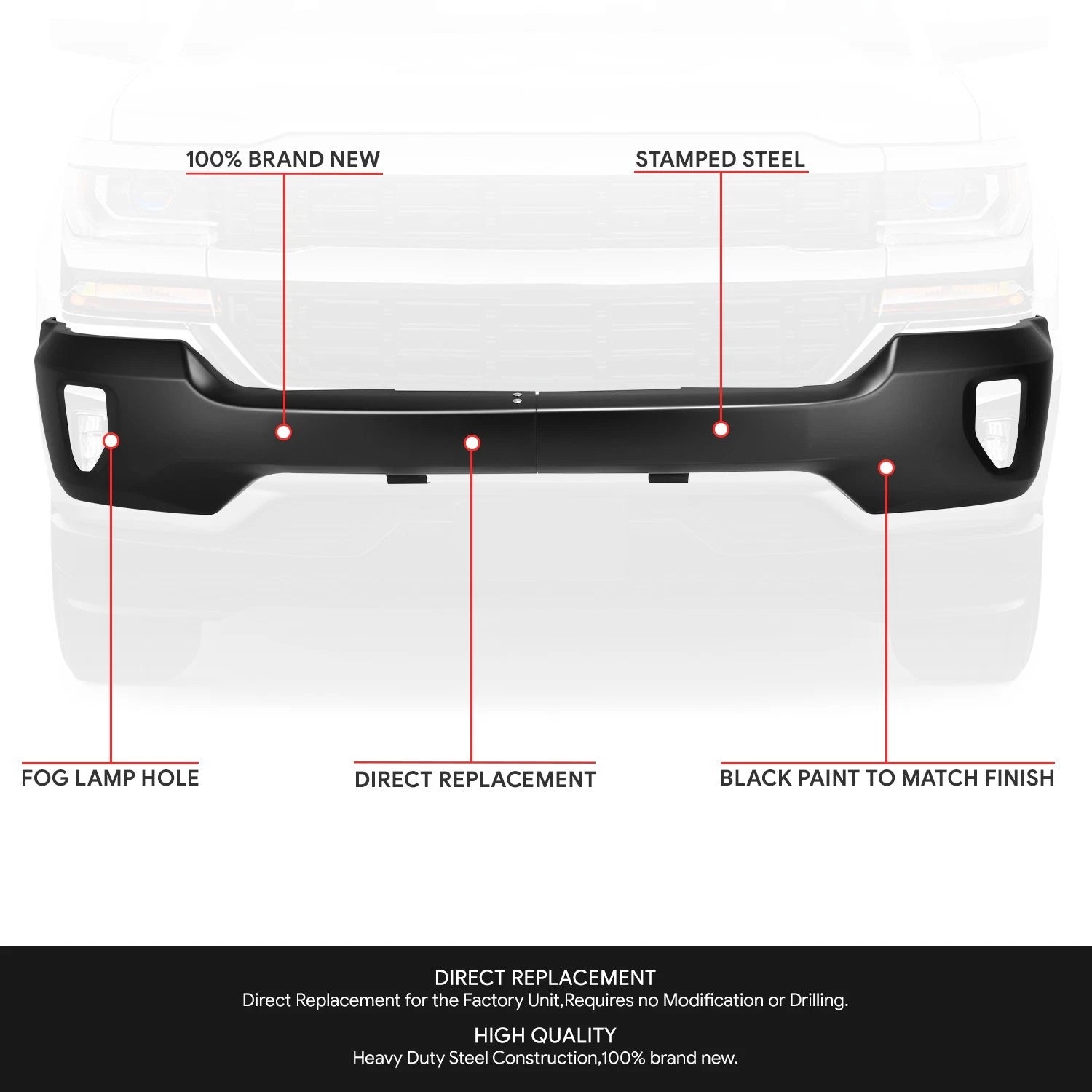 Front Bumper Face Bar for Chevy Silverado 1500 LD (2016–2019) w/ Fog Light Holes
