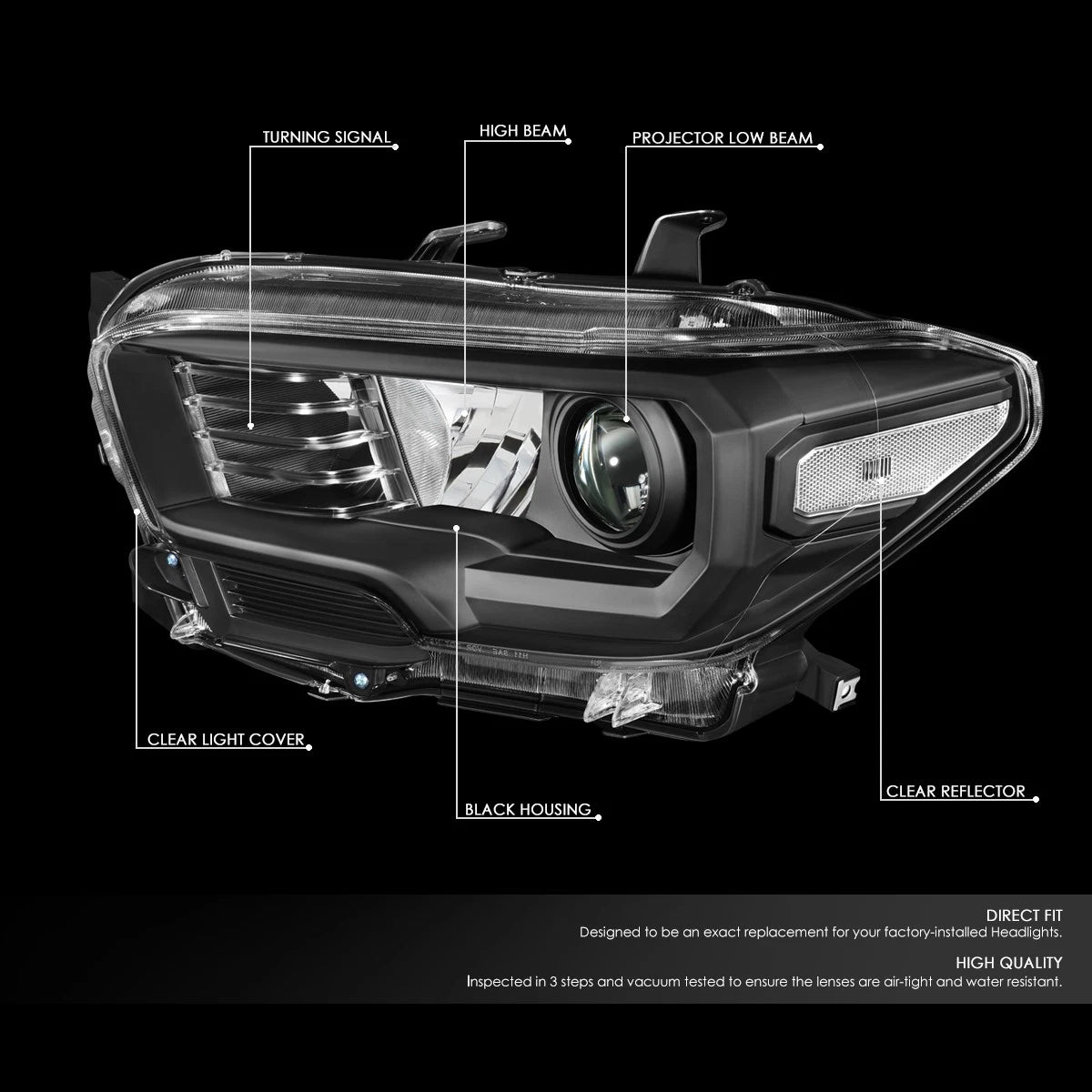Projector Headlights for Toyota Tacoma (2016–2020) - Black Housing, Clear Corner