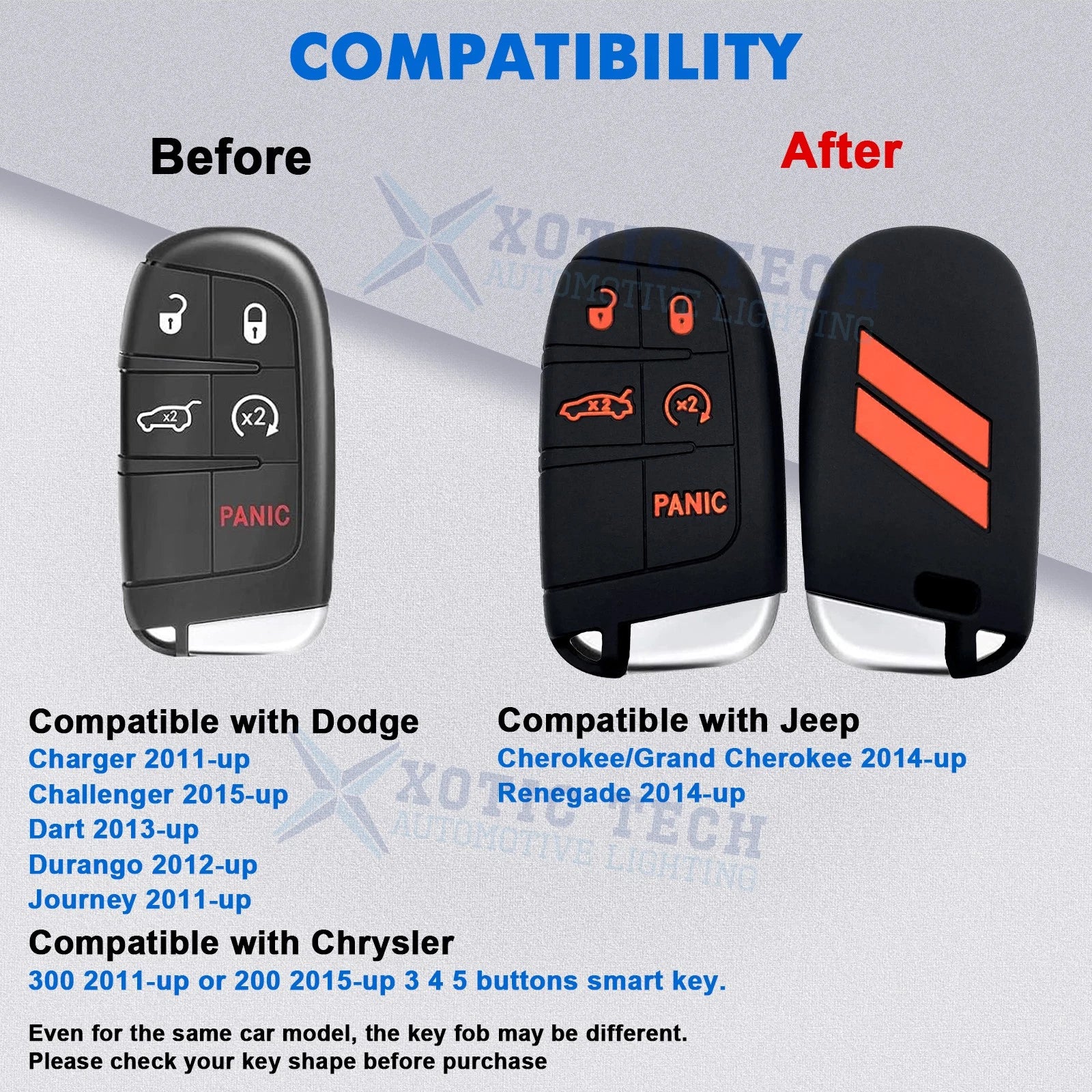Silicone Remote Key Fob Shell Cover for Jeep Chrysler Dodge (2014-2019)