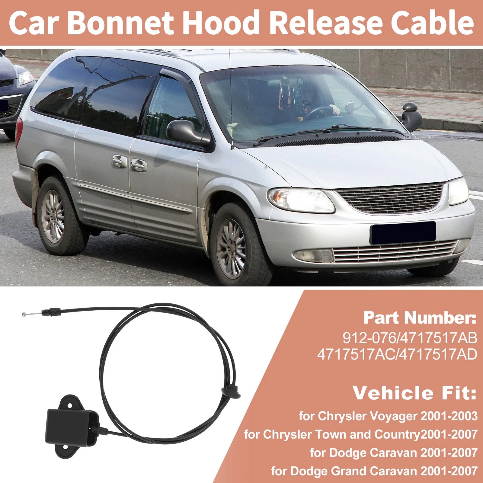 Hood Latch Release Cable 912-076 for Chrysler Town & Country, Dodge Caravan 