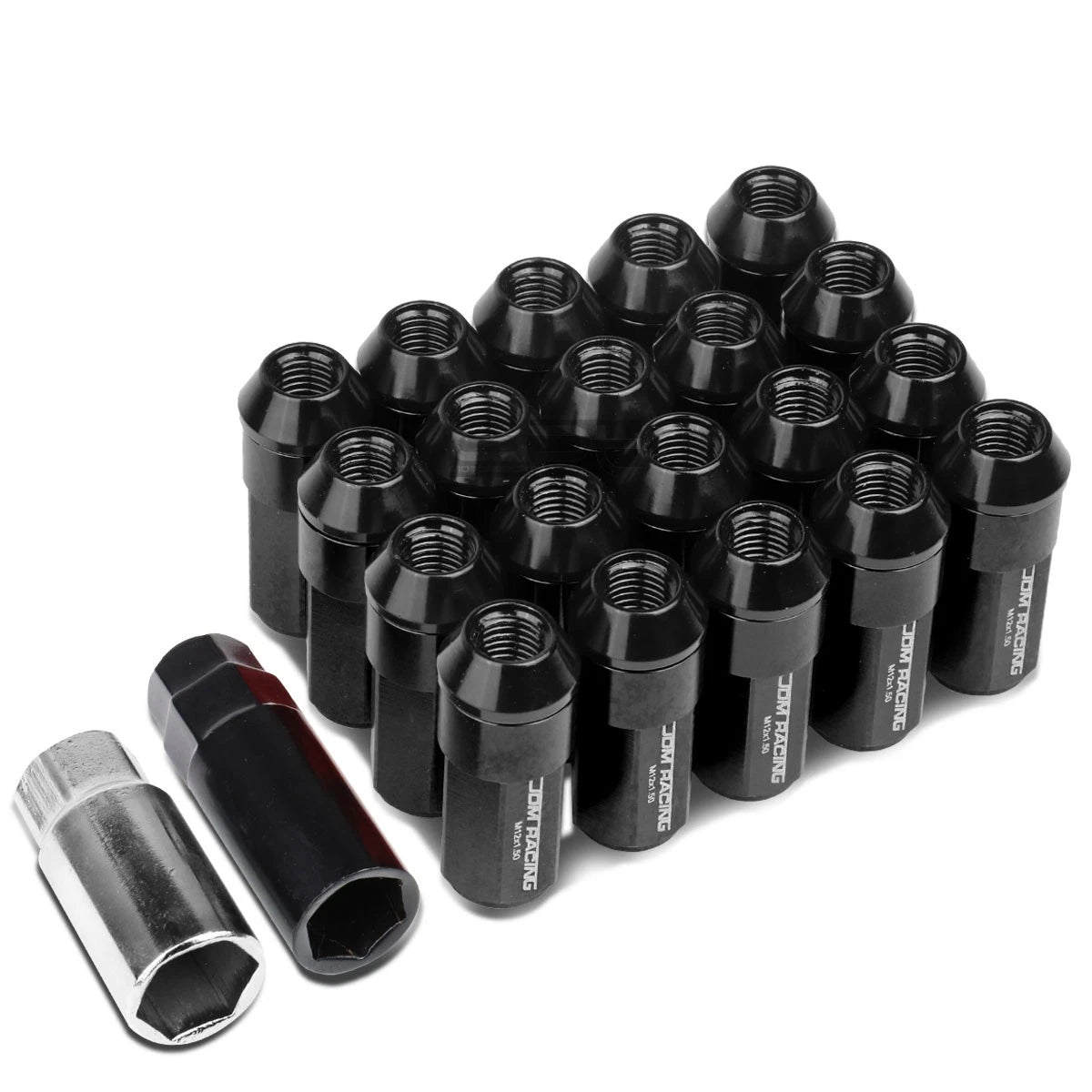 20 PCS M12X1.5 53MM Tall Black Aluminum Lug Nuts with Caps & Adapter