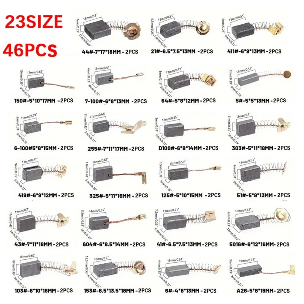 Set of 46 Carbon Brushes for Electric Tools and Equipment