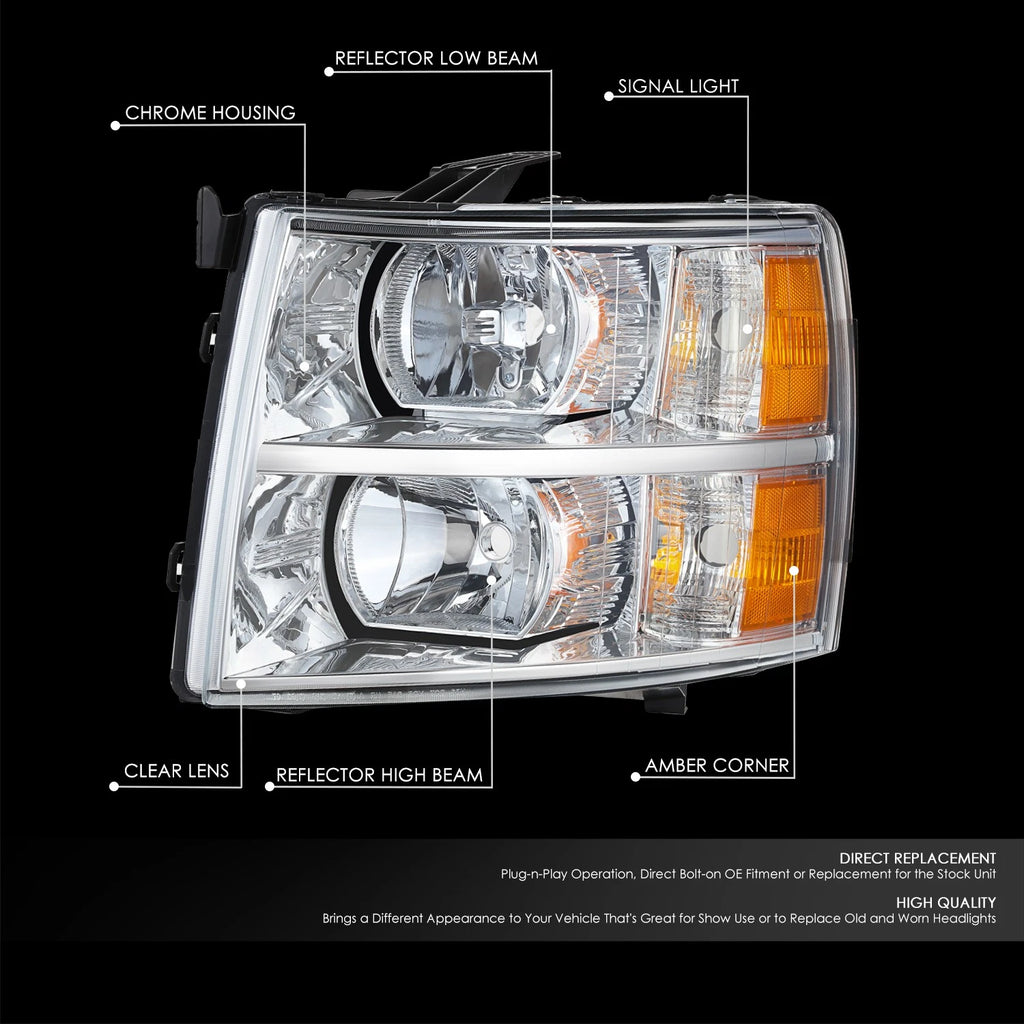 Left Chrome Housing Headlight Lamp for Chevy Silverado 1500 2500 3500 HD (2007–2014)
