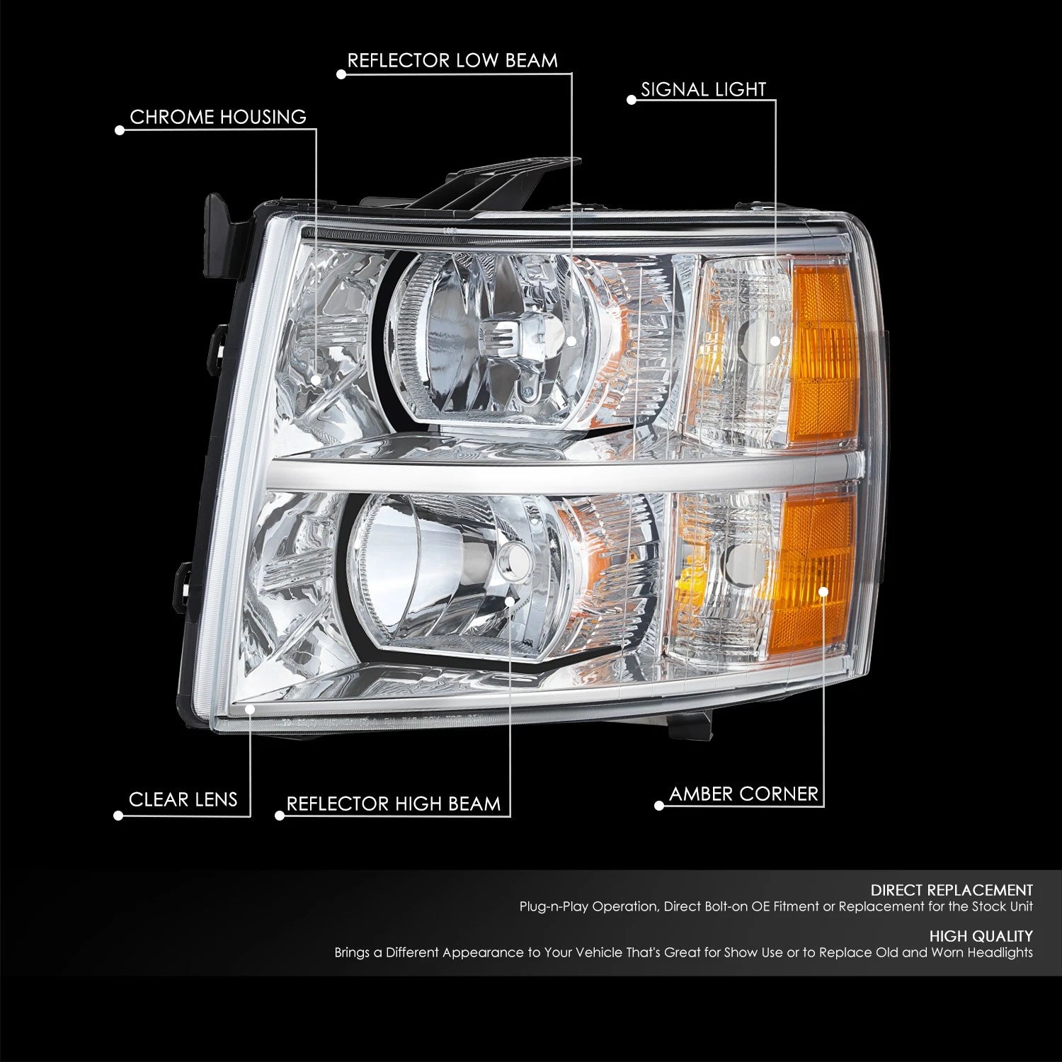 Left Chrome Housing Headlight Lamp for Chevy Silverado 1500 2500 3500 HD (2007–2014)