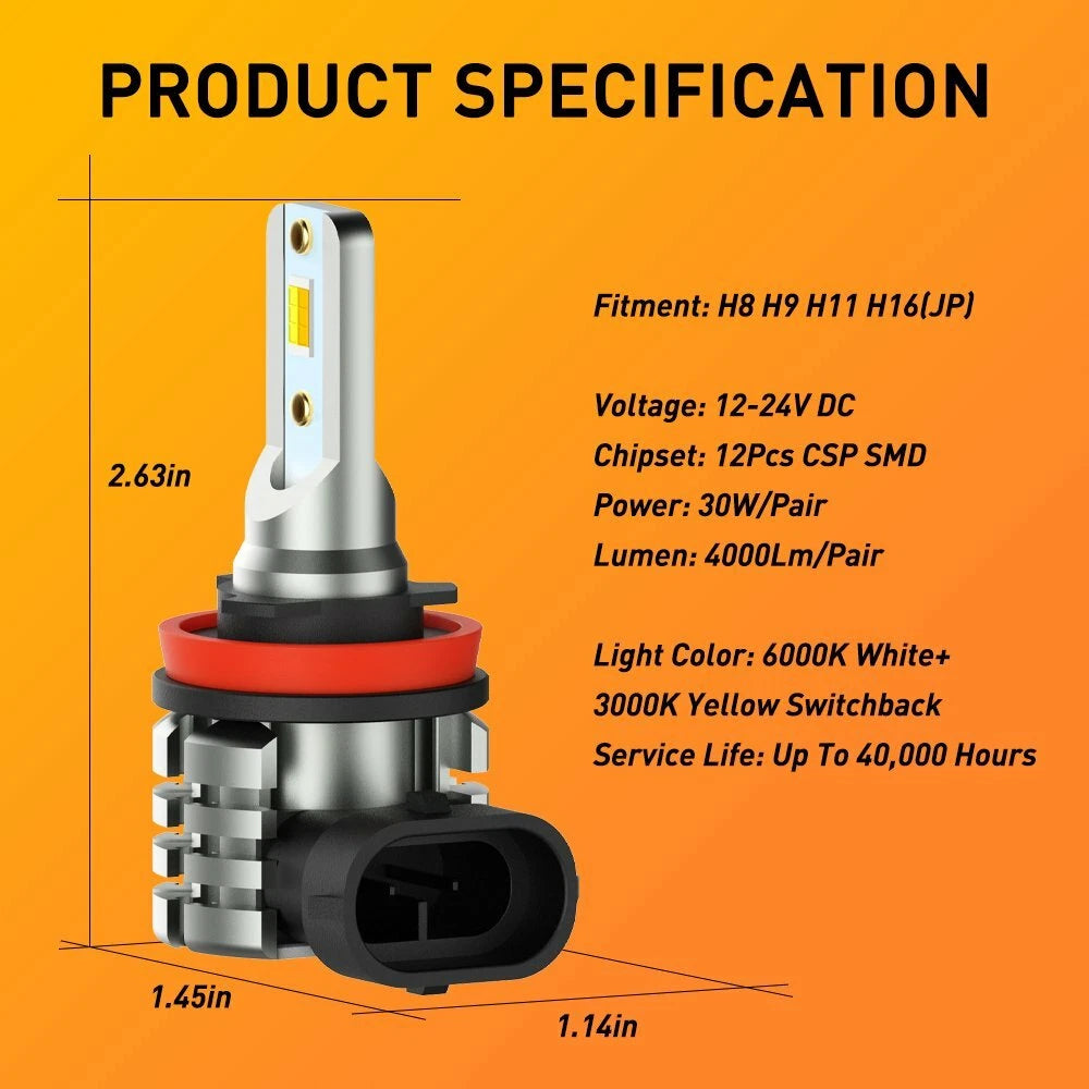 Dual Color LED Fog Light Bulbs for H8 H11 (6000K White/3000K Amber)