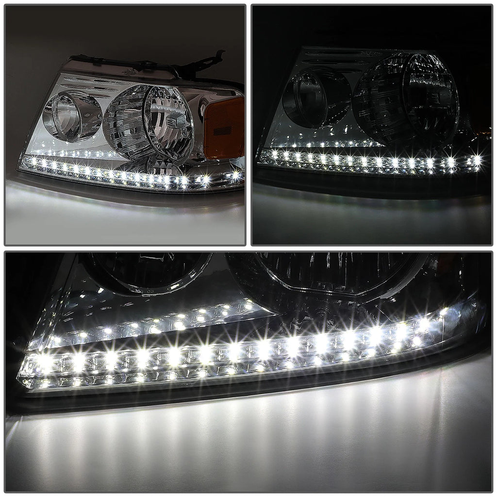 Set of 2 Chrome Housing Amber Side LED DRL Headlights for Ford F150 (2004–2008)