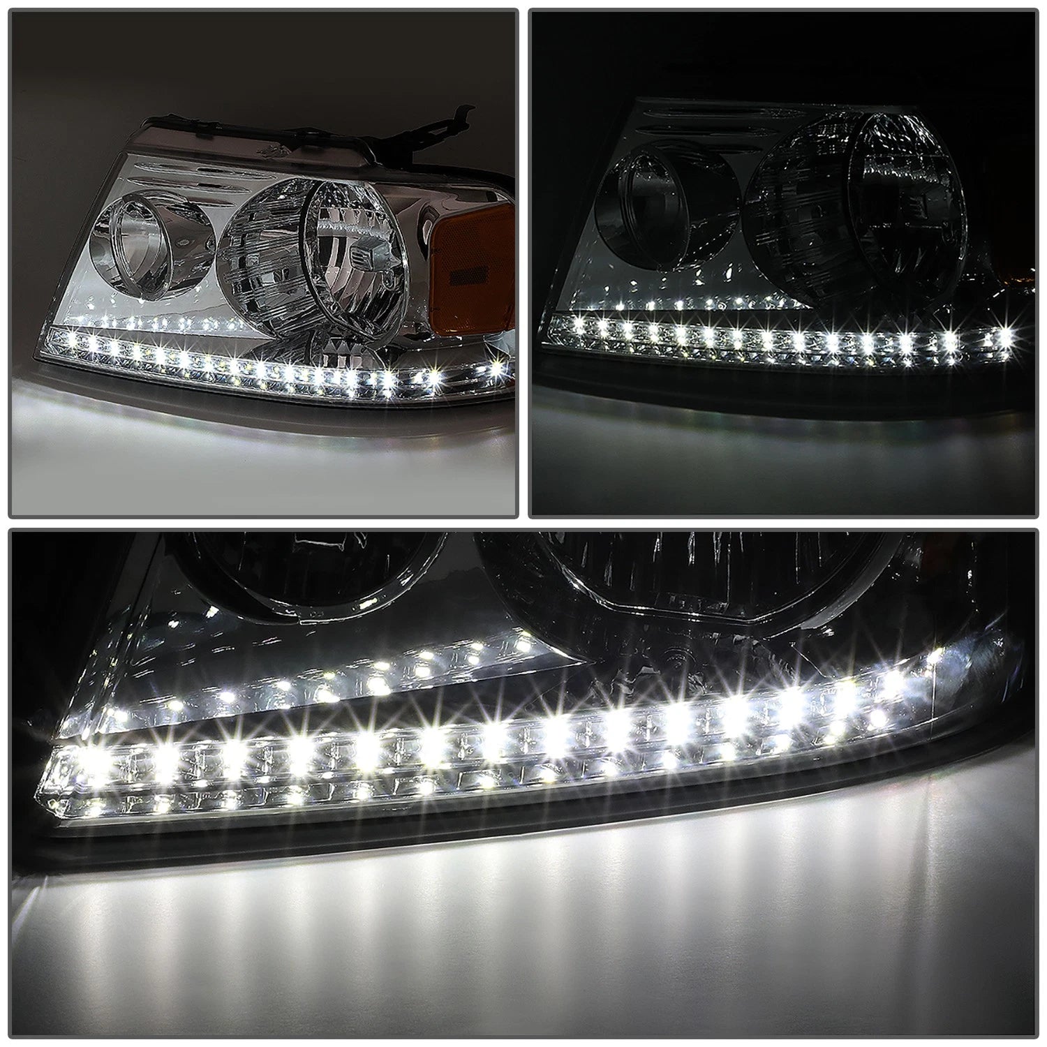 Set of 2 Chrome Housing Amber Side LED DRL Headlights for Ford F150 (2004–2008)