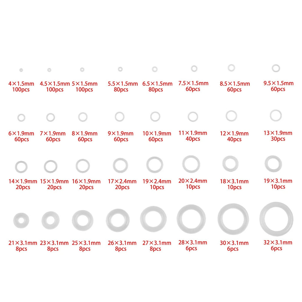 Set of 1228 Silicone O-Rings for Various Applications (OD 4-32mm)