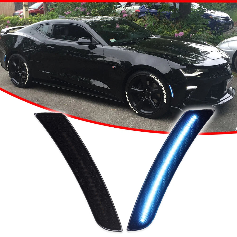 2X Smoked Ice Blue LED Side Marker Lights for Chevy Camaro (2016–2023)