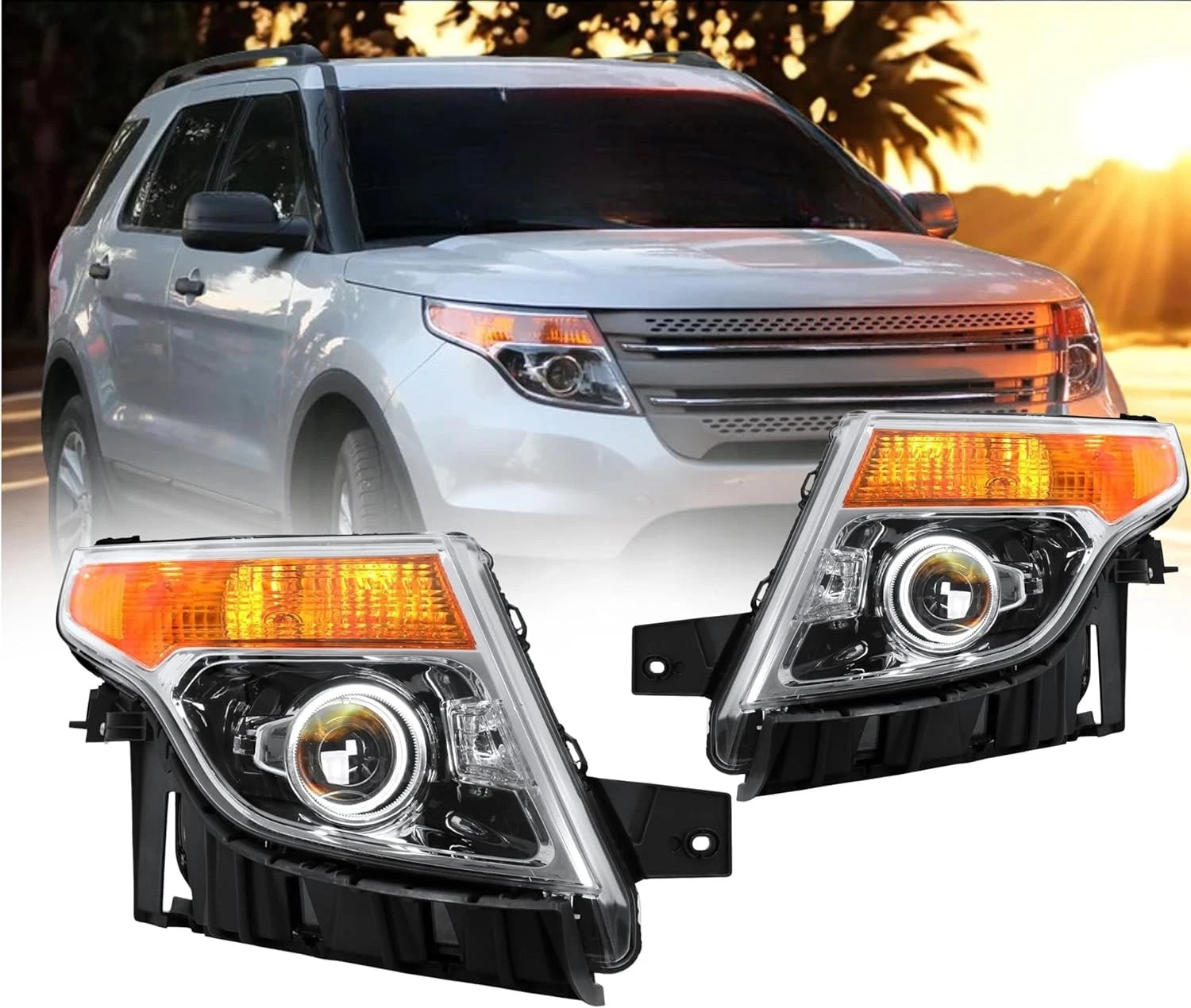 Set of 2 Halogen Chrome Housing Projector Headlights for Ford Explorer (2011–2015)