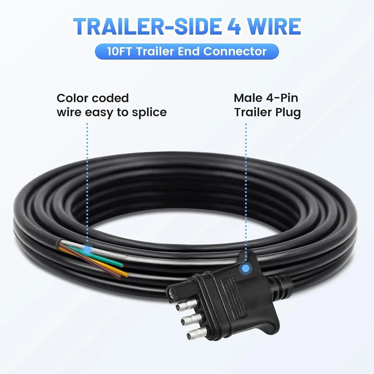 4 Way Trailer Connector Wiring Harness Extension Cable 10ft Heavy Duty