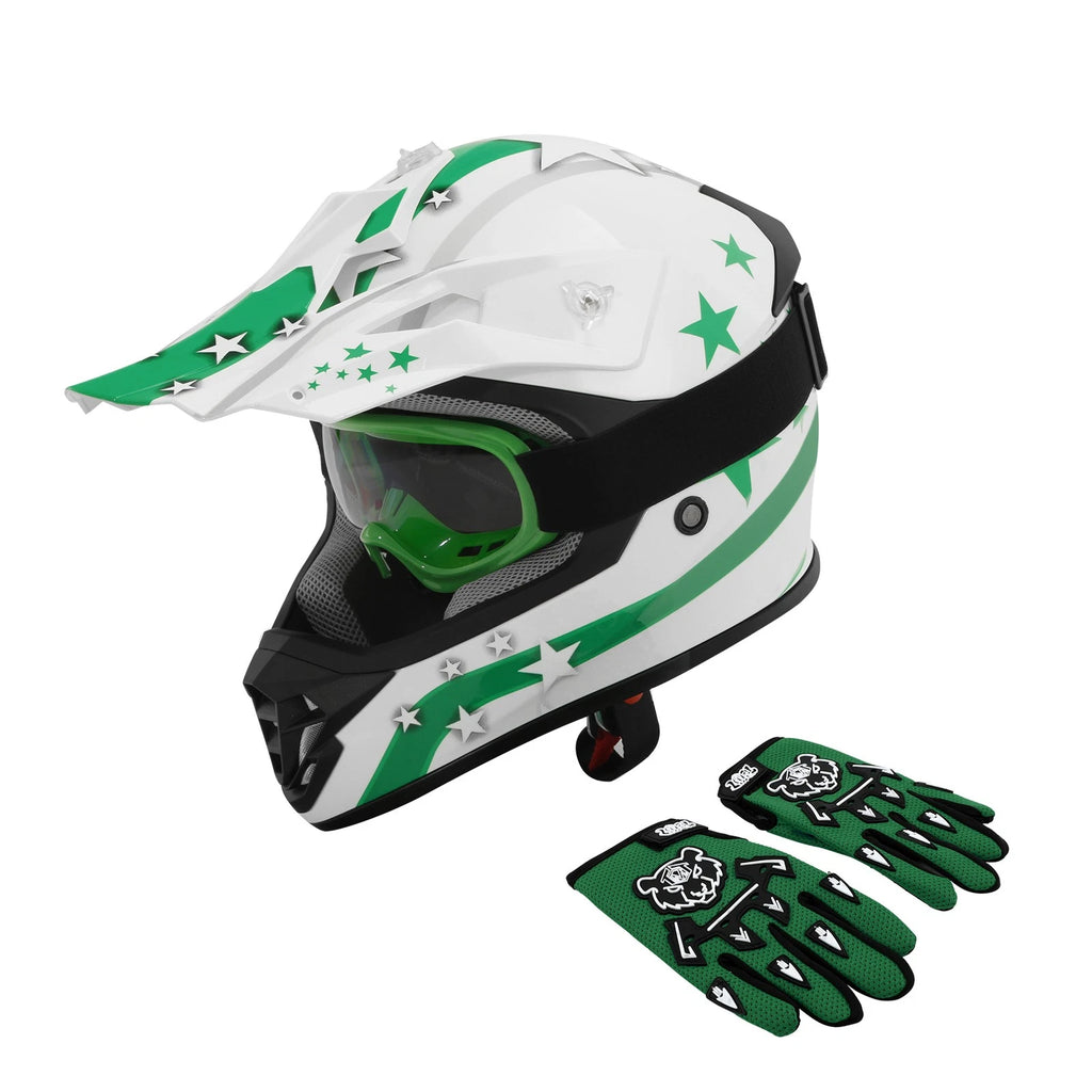 Youth ATV Helmet Goggles Gloves Set for Kids Off Road Motorcycle (DOT)