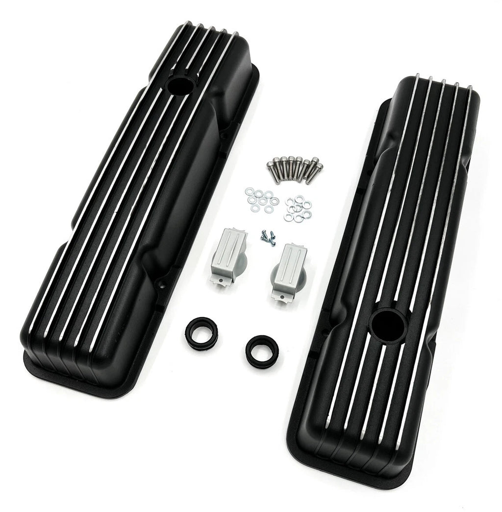 Short Valve Covers Black Aluminum Finned Replacement for Chevy 350 SBC (1967–1985)