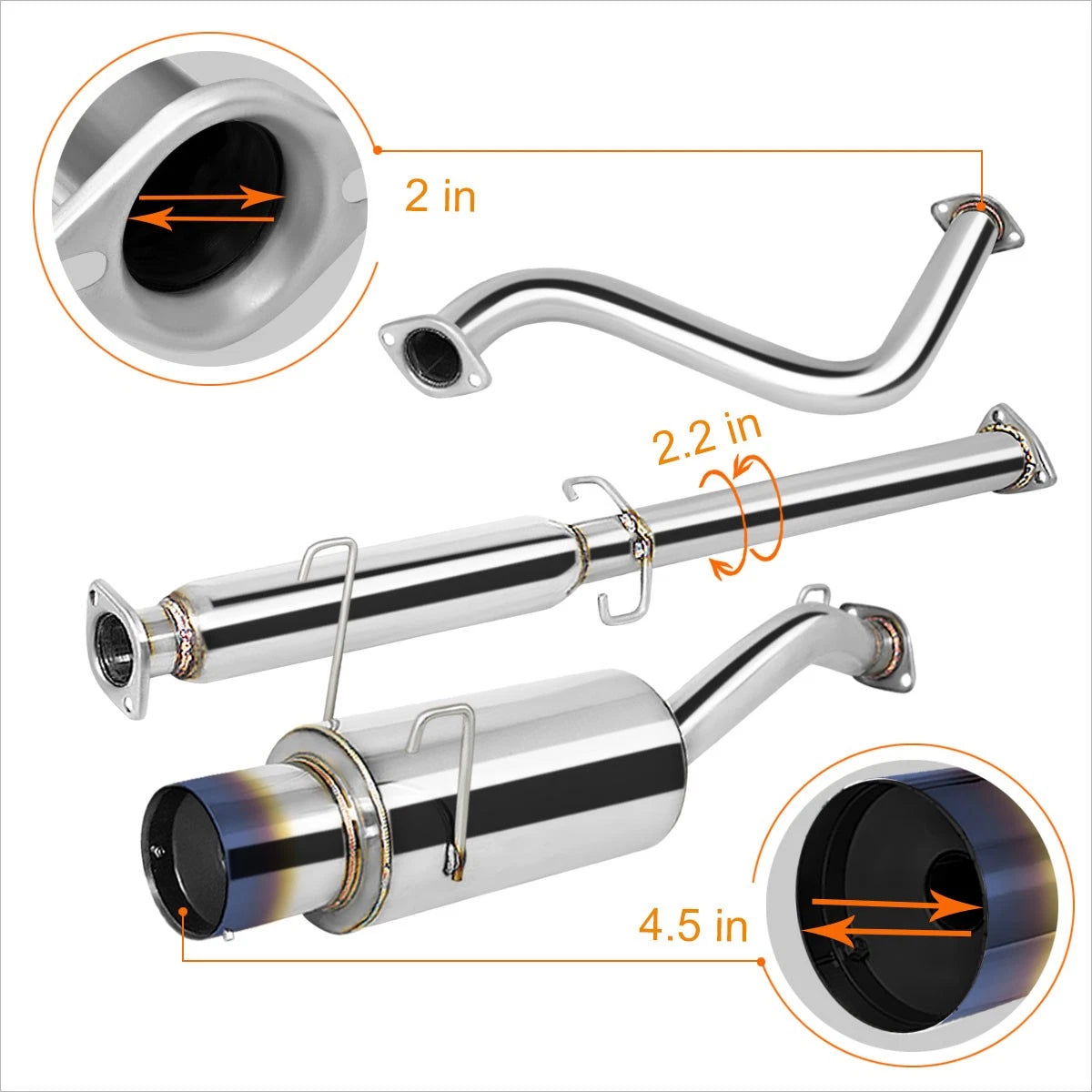 4.5" Burnt Tip Muffler for Honda Del Sol Si EG1 (1993–1997) Stainless Catback Exhaust
