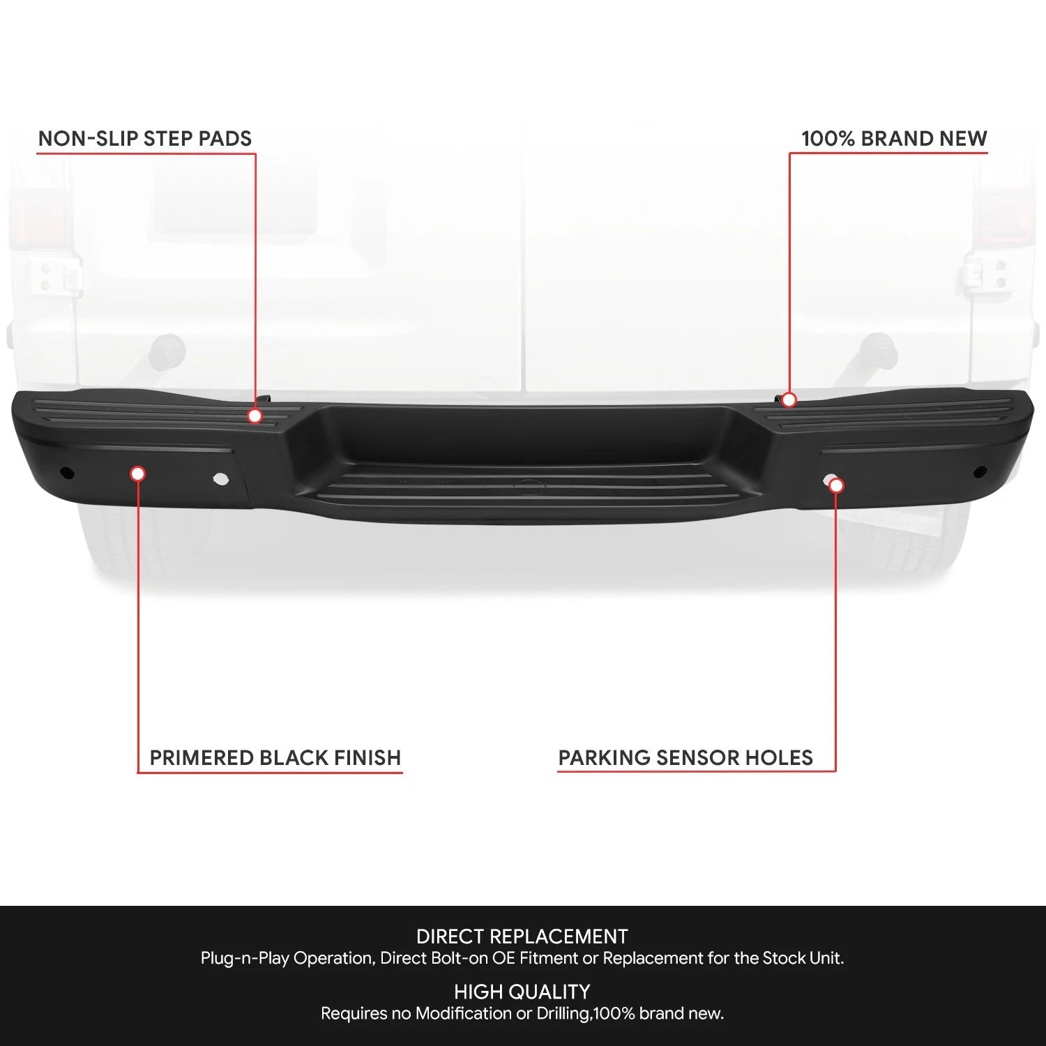 Rear Bumper for Nissan NV1500 NV2500 NV3500 (2012–2021) w/ Parking Sensor Holes