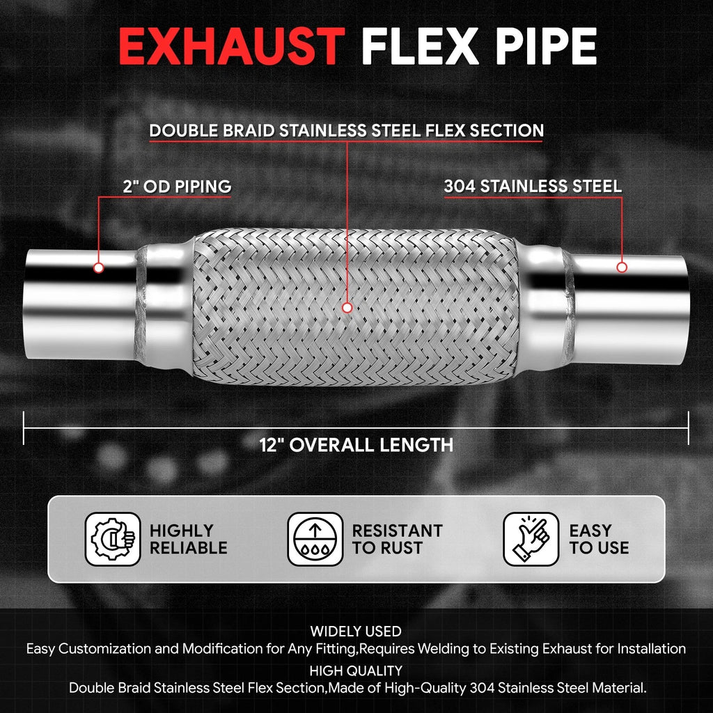 12" Double Braid Stainless Steel Flex Exhaust Pipe 2" OD (Custom Fit)