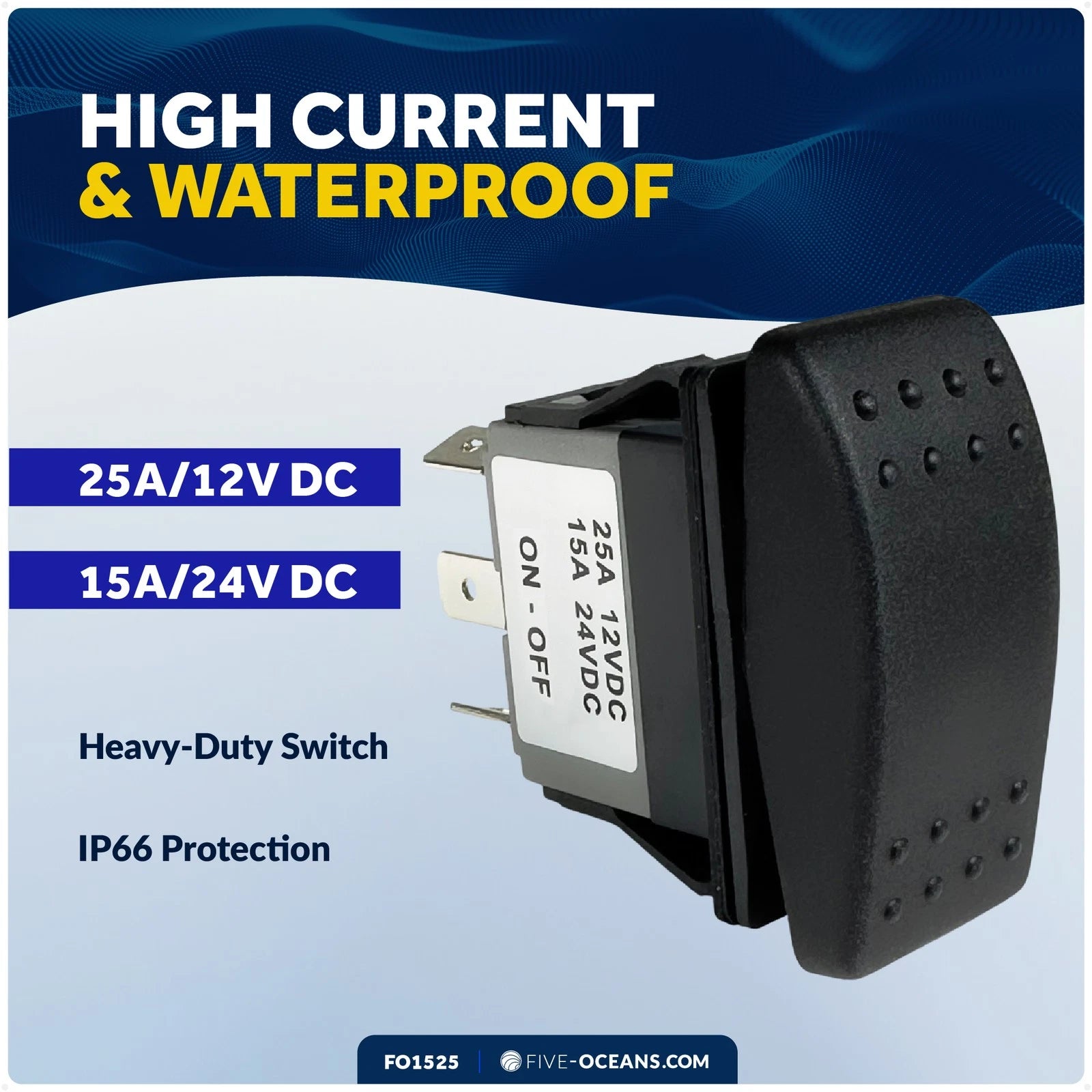 2-Pin On-Off Rocker Switch 25A/12V DC, 15A/24V DC, SPST, IP66 Waterproof