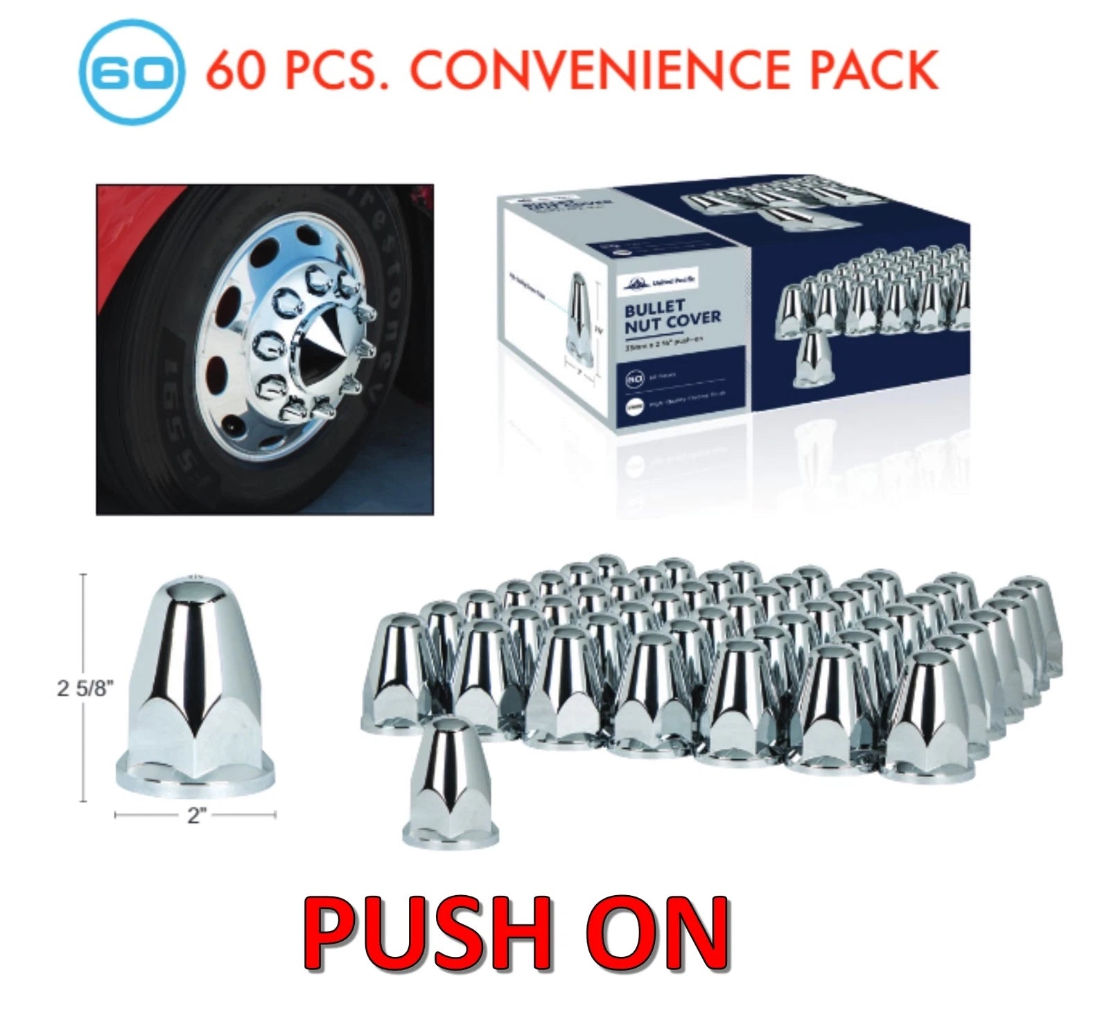 Chrome Bullet Lug Nut Covers 33mm Push-On 60 Pack for Universal Fit