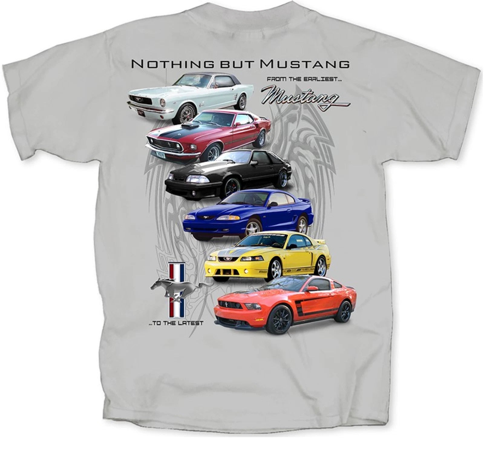 Ford Mustang T-Shirt Six Generations Evolution Cars Tri Bar Emblem Script (1965–2021)