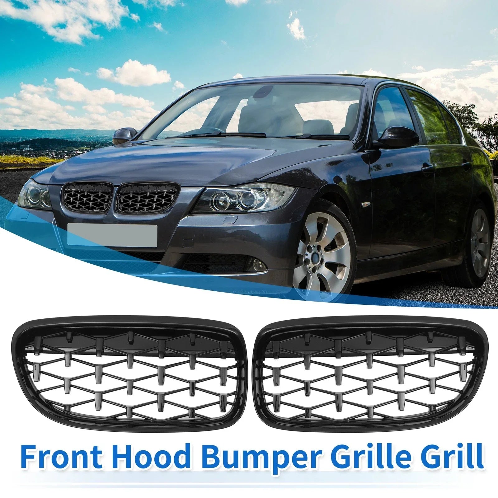 Front Hood Bumper Grille for BMW 335d 328i 335i xDrive E90 Black Pair