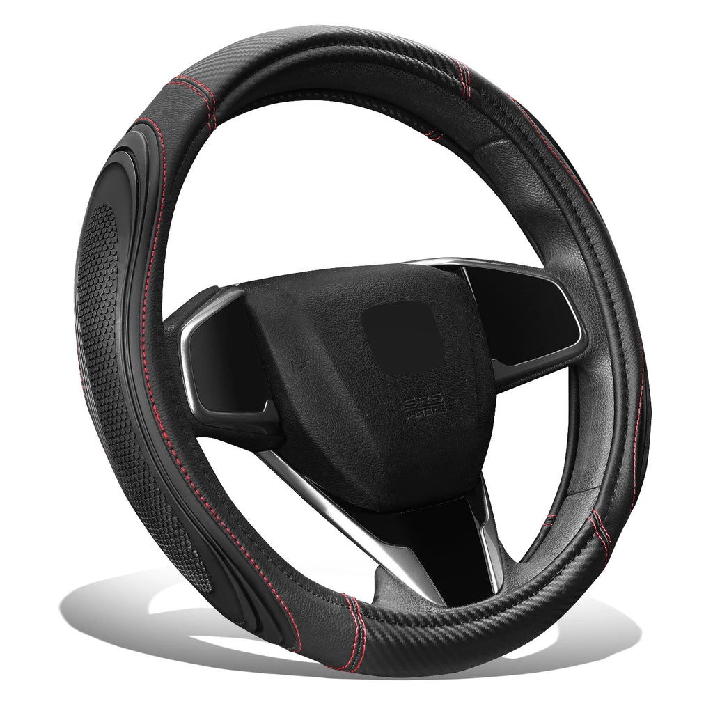 Steering Wheel Cover Carbon Fiber Pattern Red Stitching 15" for Universal Fit