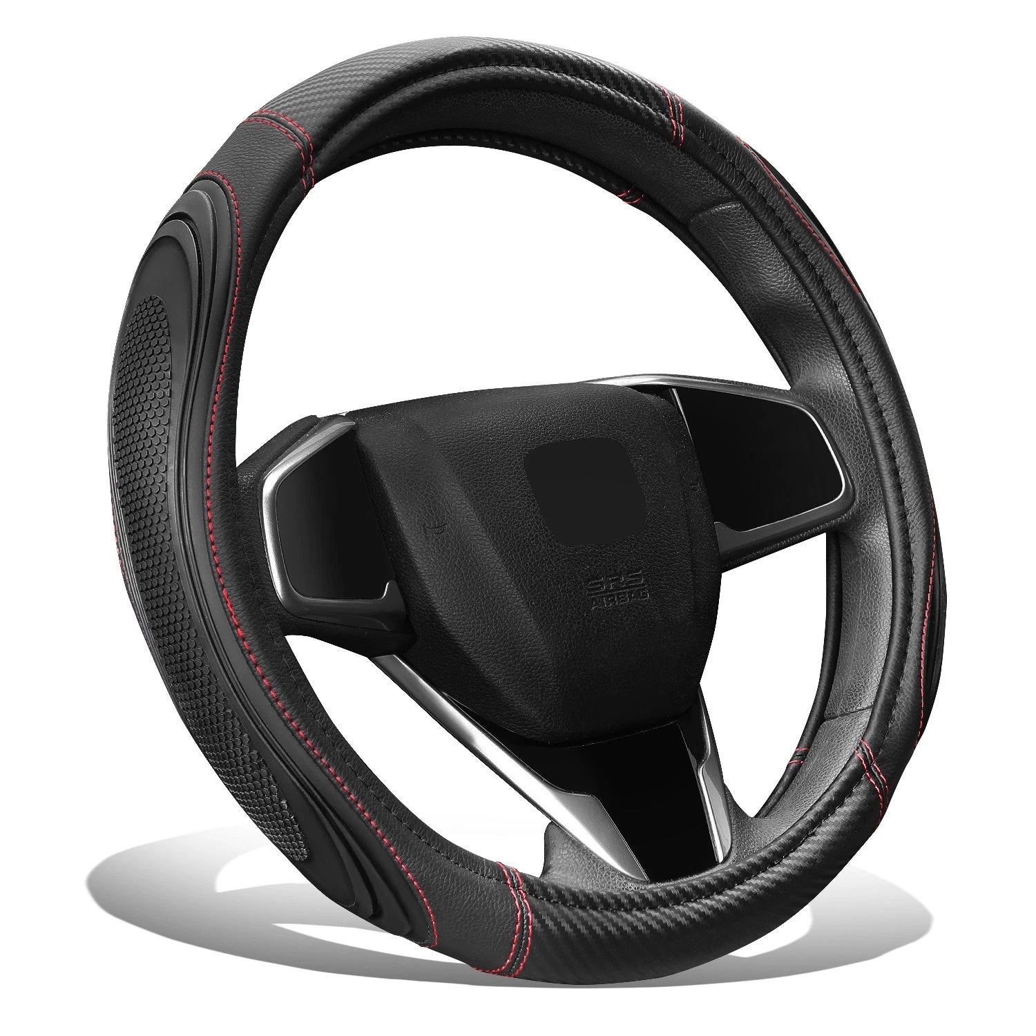 Steering Wheel Cover Carbon Fiber Pattern Red Stitching 15" for Universal Fit