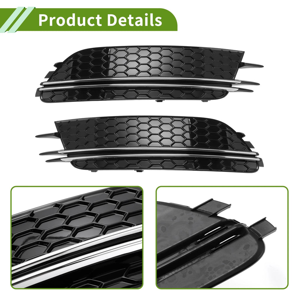 1 Pair Front Fog Light Grill for Audi A6 C7 (2012–2015) Black Silver Tone