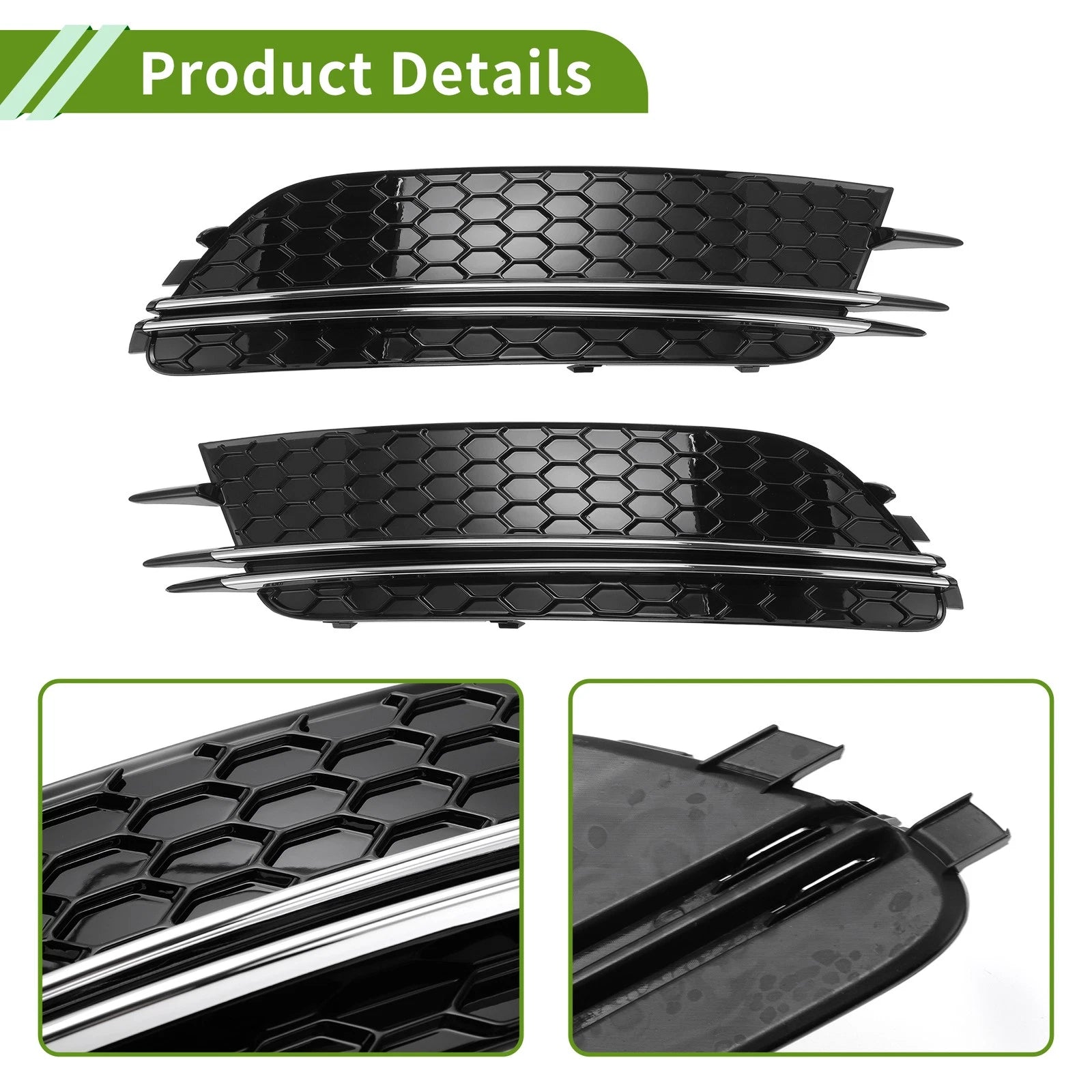 1 Pair Front Fog Light Grill for Audi A6 C7 (2012–2015) Black Silver Tone