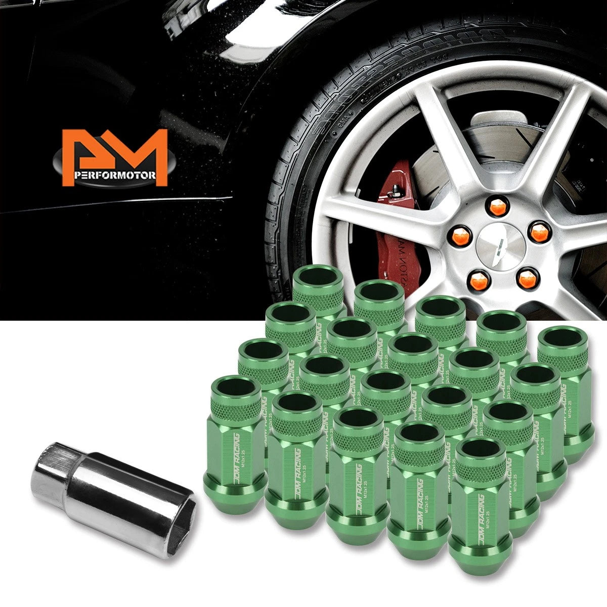 20Pc M12X1.25 Green JDM Open End Cone Hex Lug Nuts + Extension 25mmx50mm
