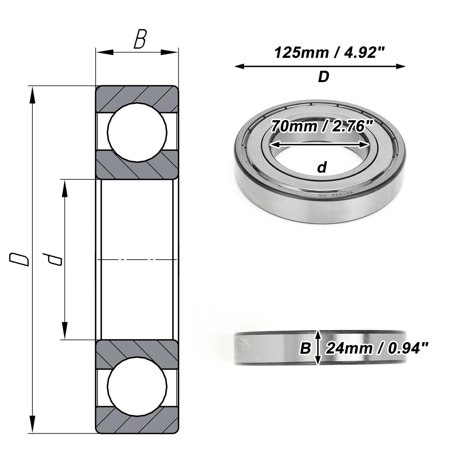 Deep Groove Ball Bearing P5 for Scooter Skateboard Wheel (70x125x24mm)