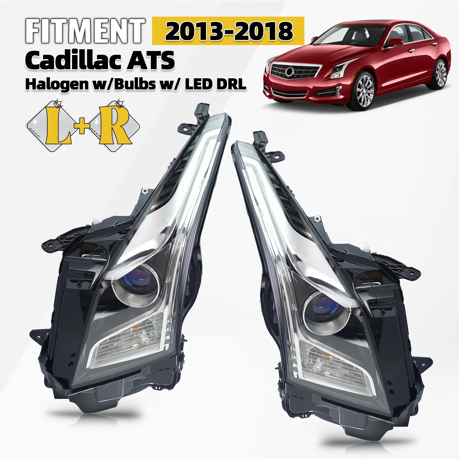 Set of 2 Halogen Headlights for Cadillac ATS (2013–2018) Chrome Housing