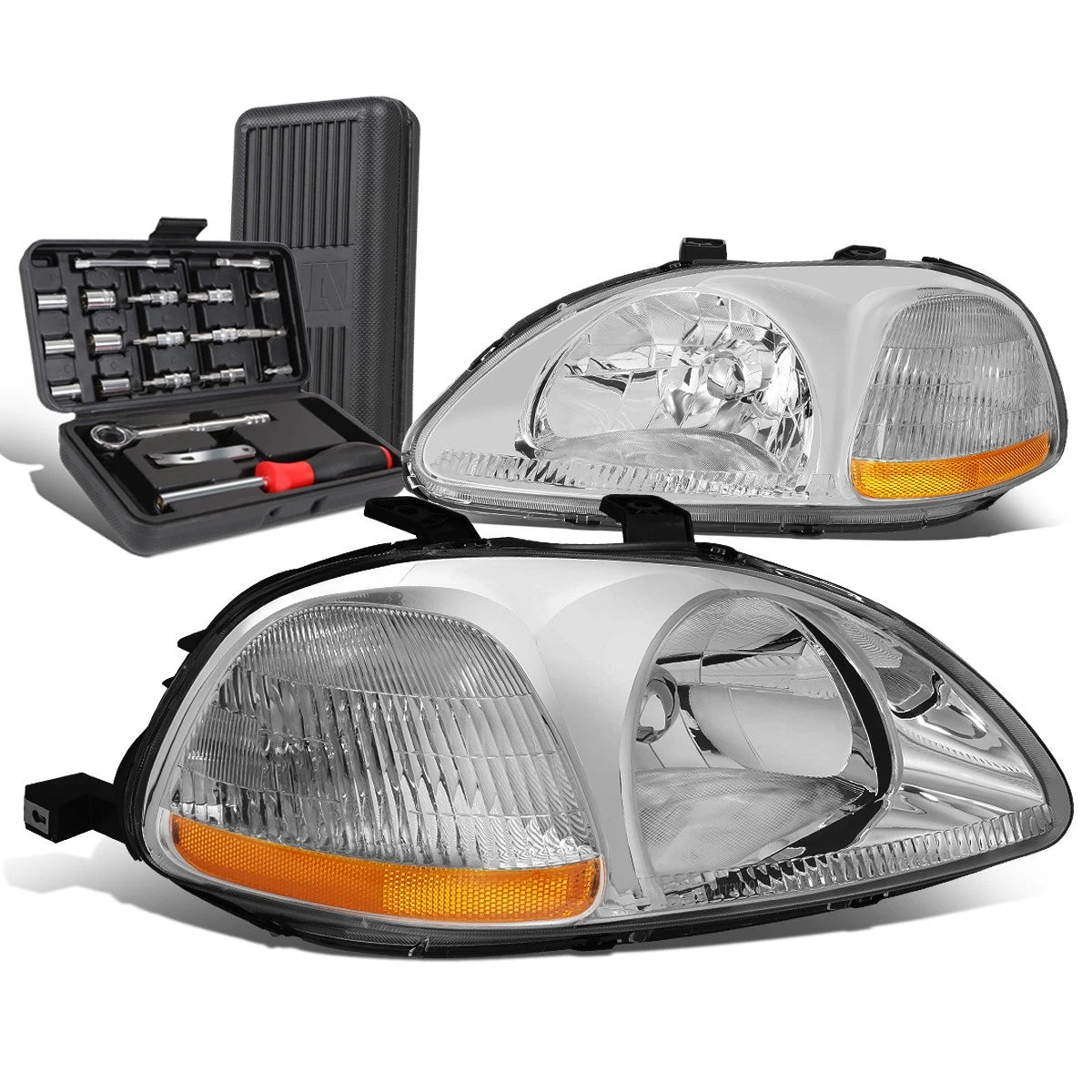 Pair of Chrome/Amber Signal Headlights for Honda Civic (1996–1998)