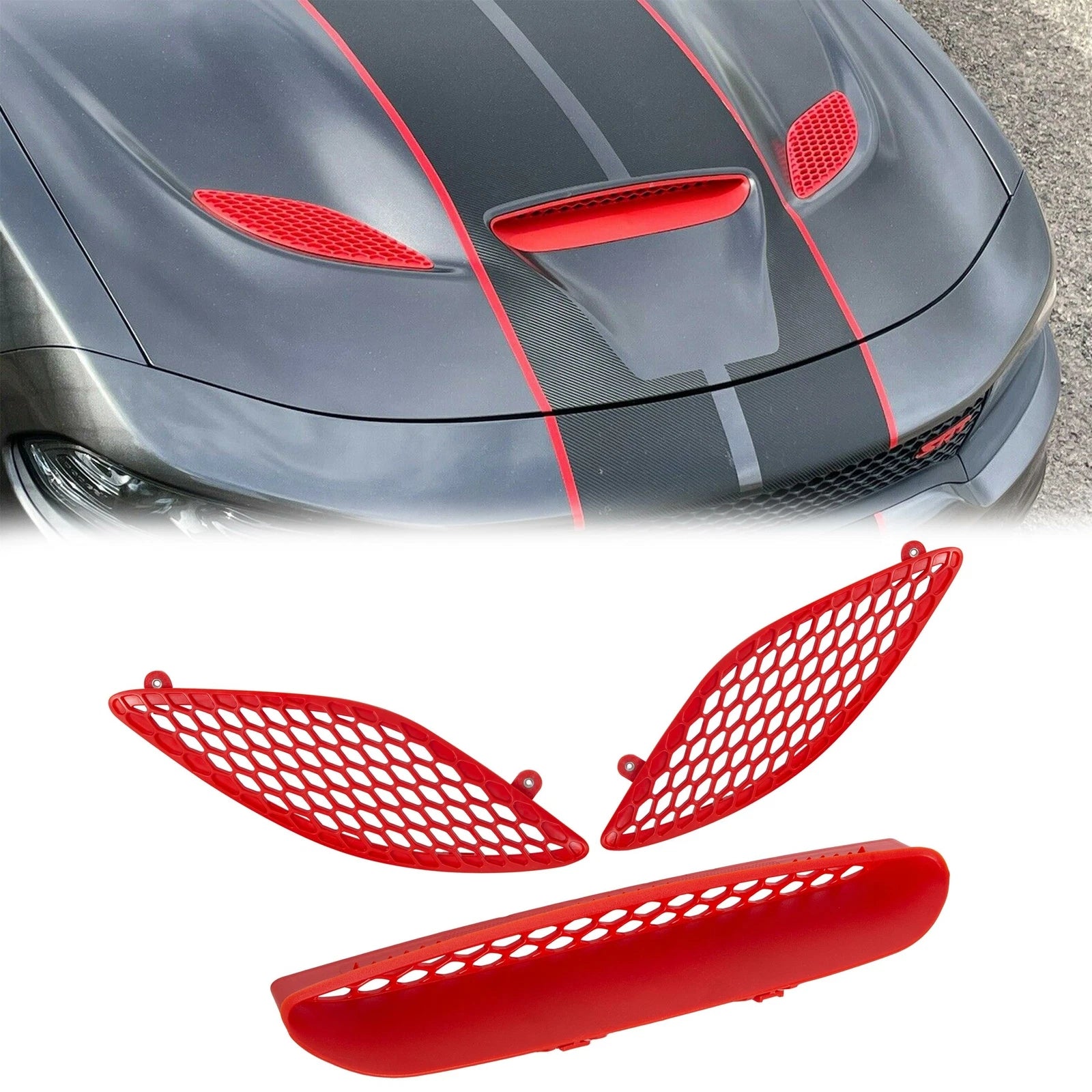 Set of 3 Red Hood Bezel Insert Trims for Dodge Charger (2015–2020)