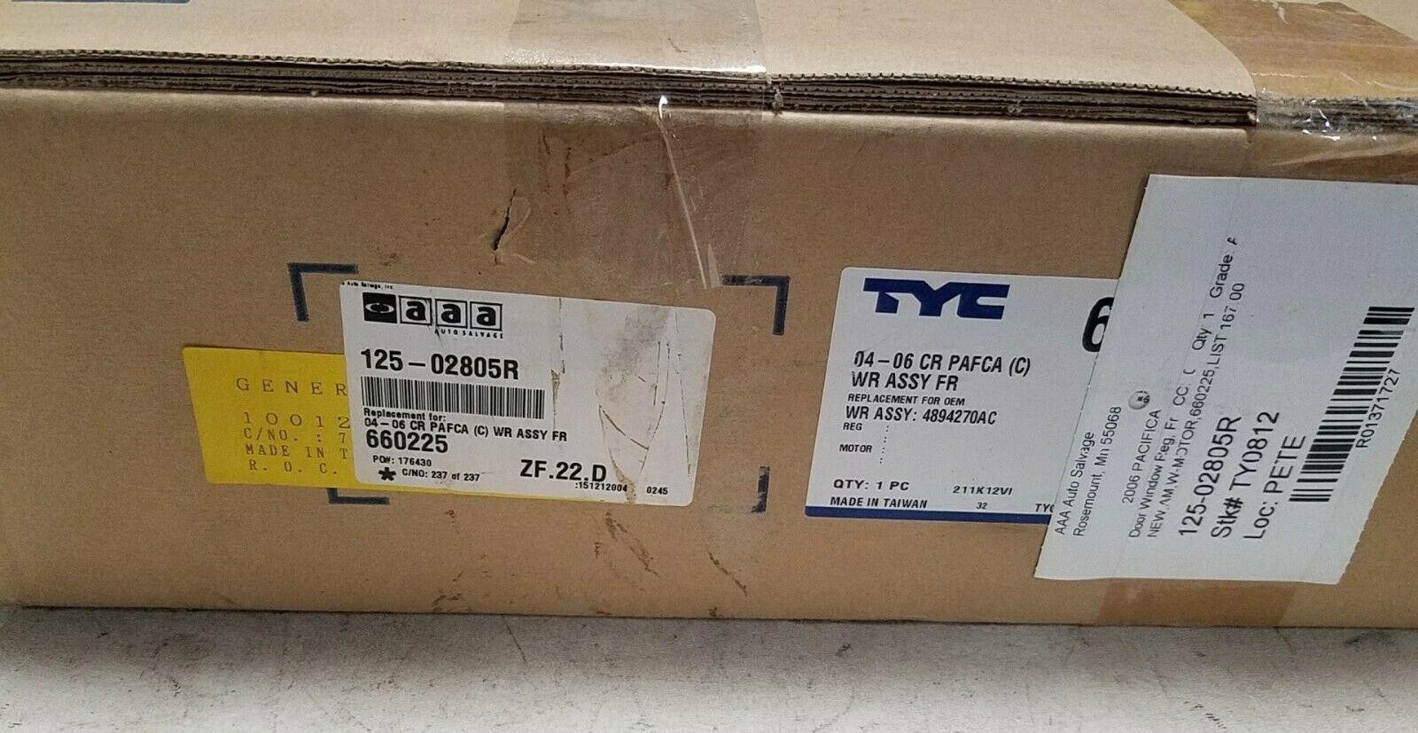 TYC 660225 Window Regulator for Chrysler Pacifica (2017–2023)