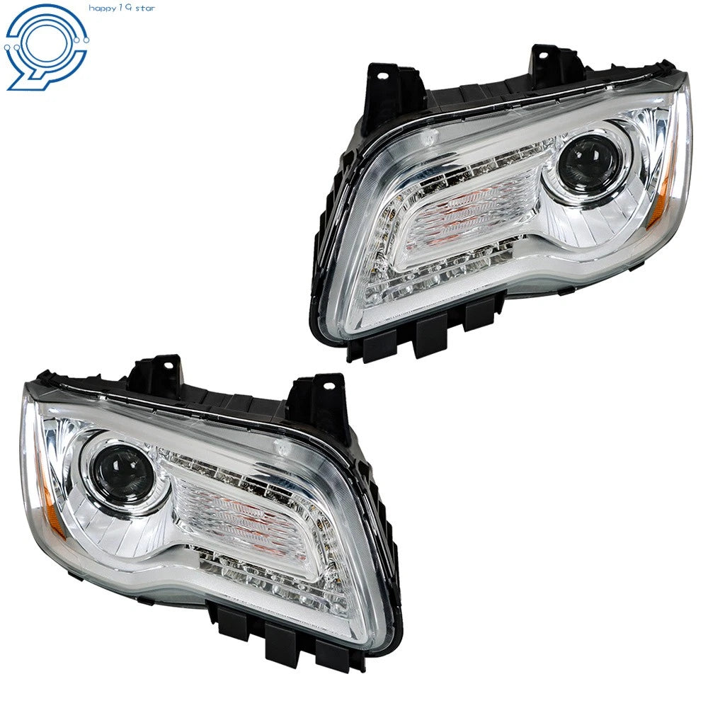 Set of 2 Headlight Assemblies for Chrysler 300 (2011-2014) Halogen Chrome Clear
