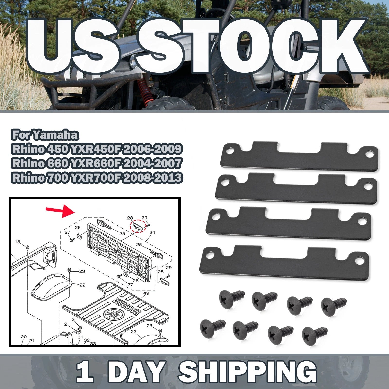 Tailgate Hinge Plates and Screws for Yamaha Rhino YXR 450 660 700 (2004–2018)
