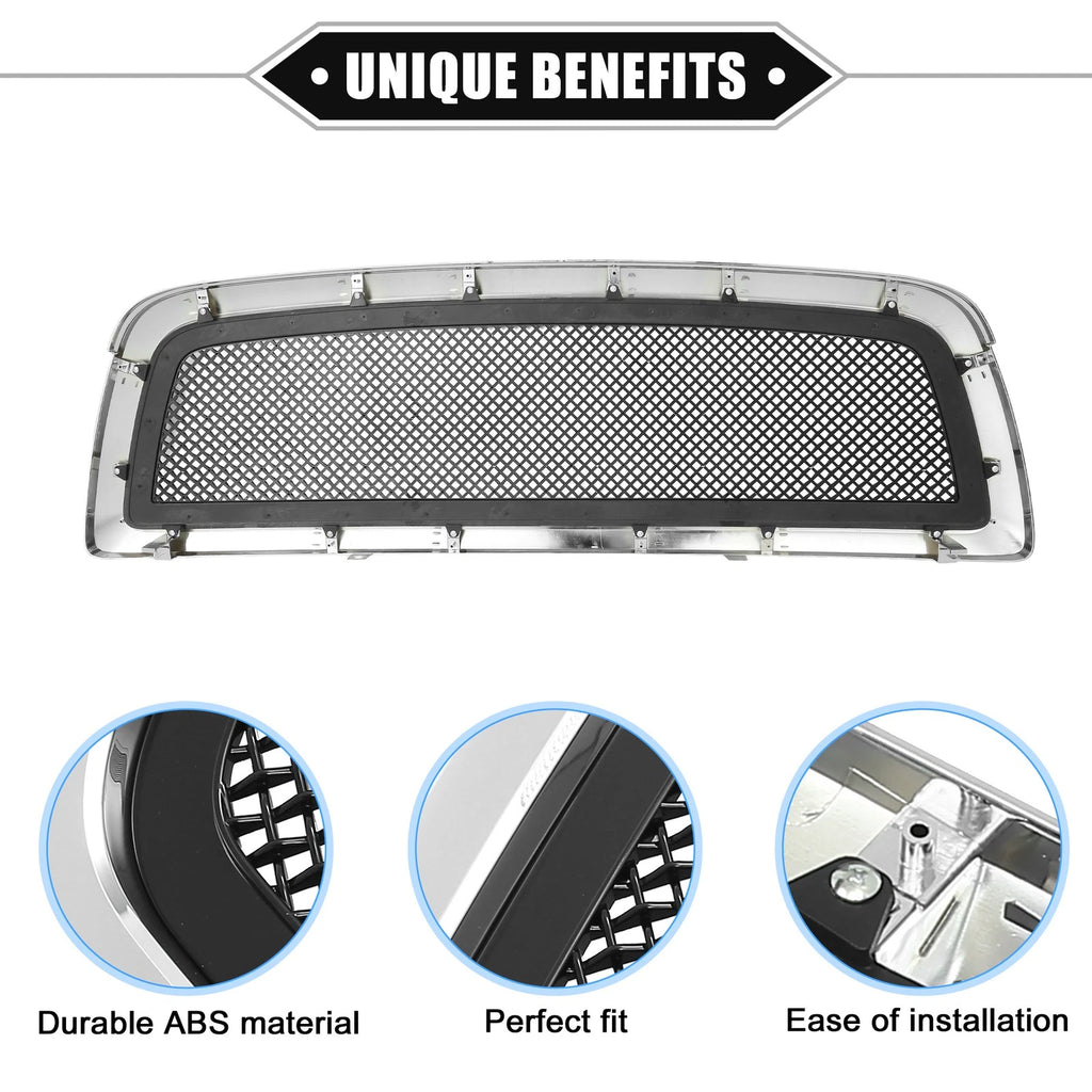 Front Grille Assembly for Dodge Ram 1500 (Chrome, Silver Tone, Gloss Black)