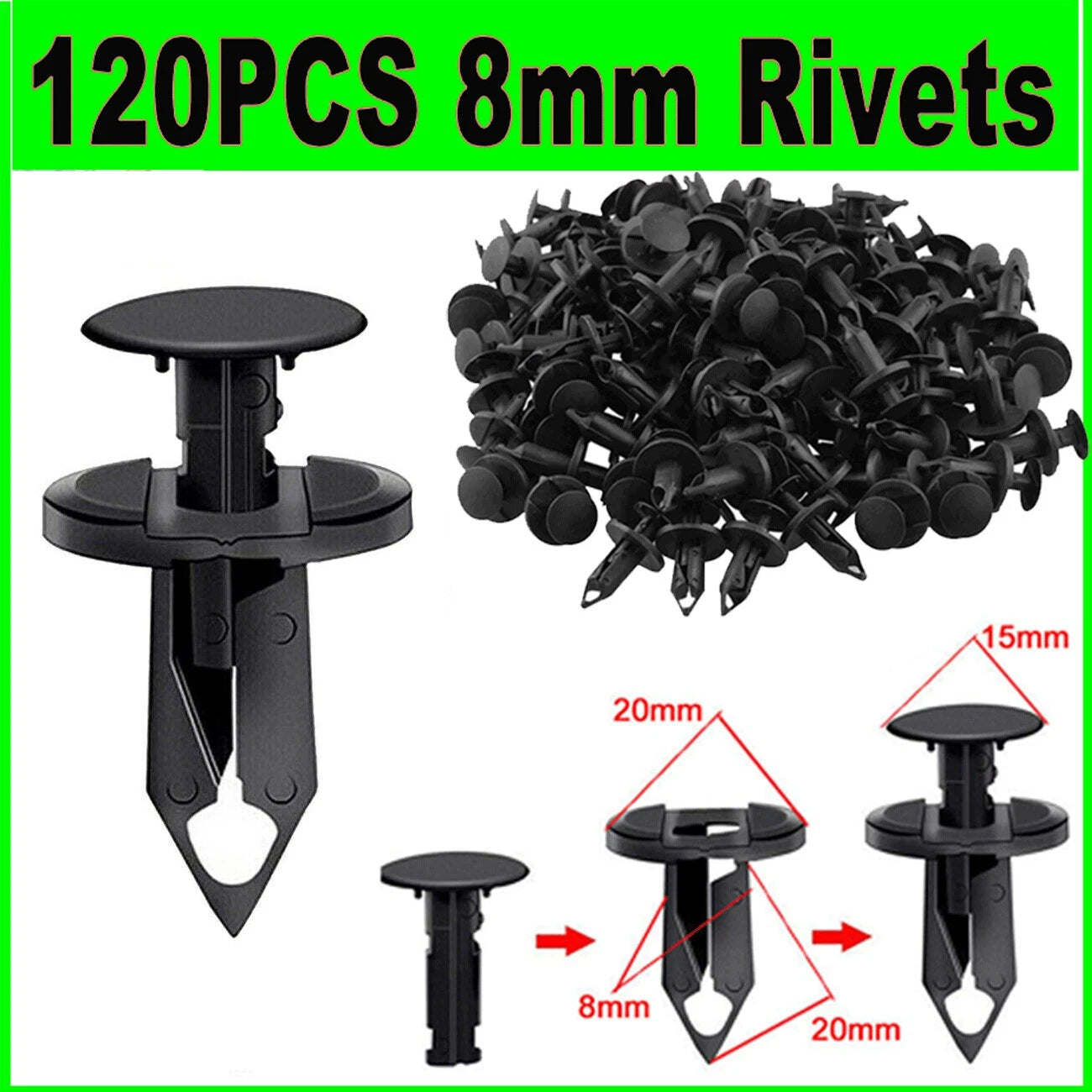 120PCS 8mm Bumper Clips for Universal Cars (Auto Fastener Rivets)