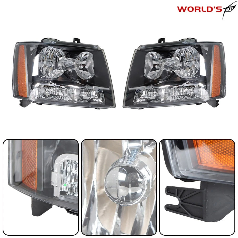 Headlights Pair for Chevy Avalanche/Suburban/Tahoe (2007–2014) Black Halogen