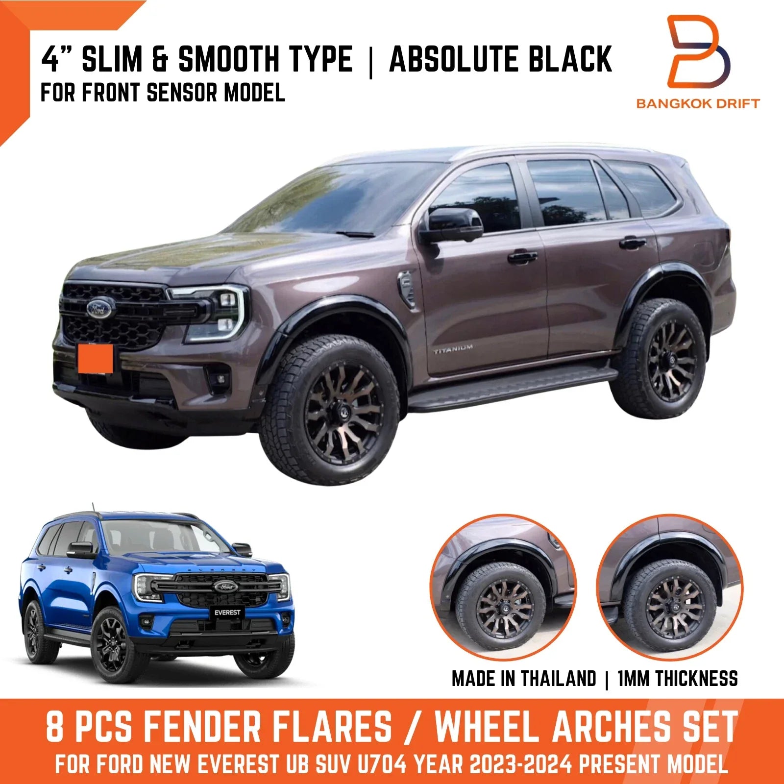 Black Slim Fender Flares for Ford Everest UB SUV (2022-2024)