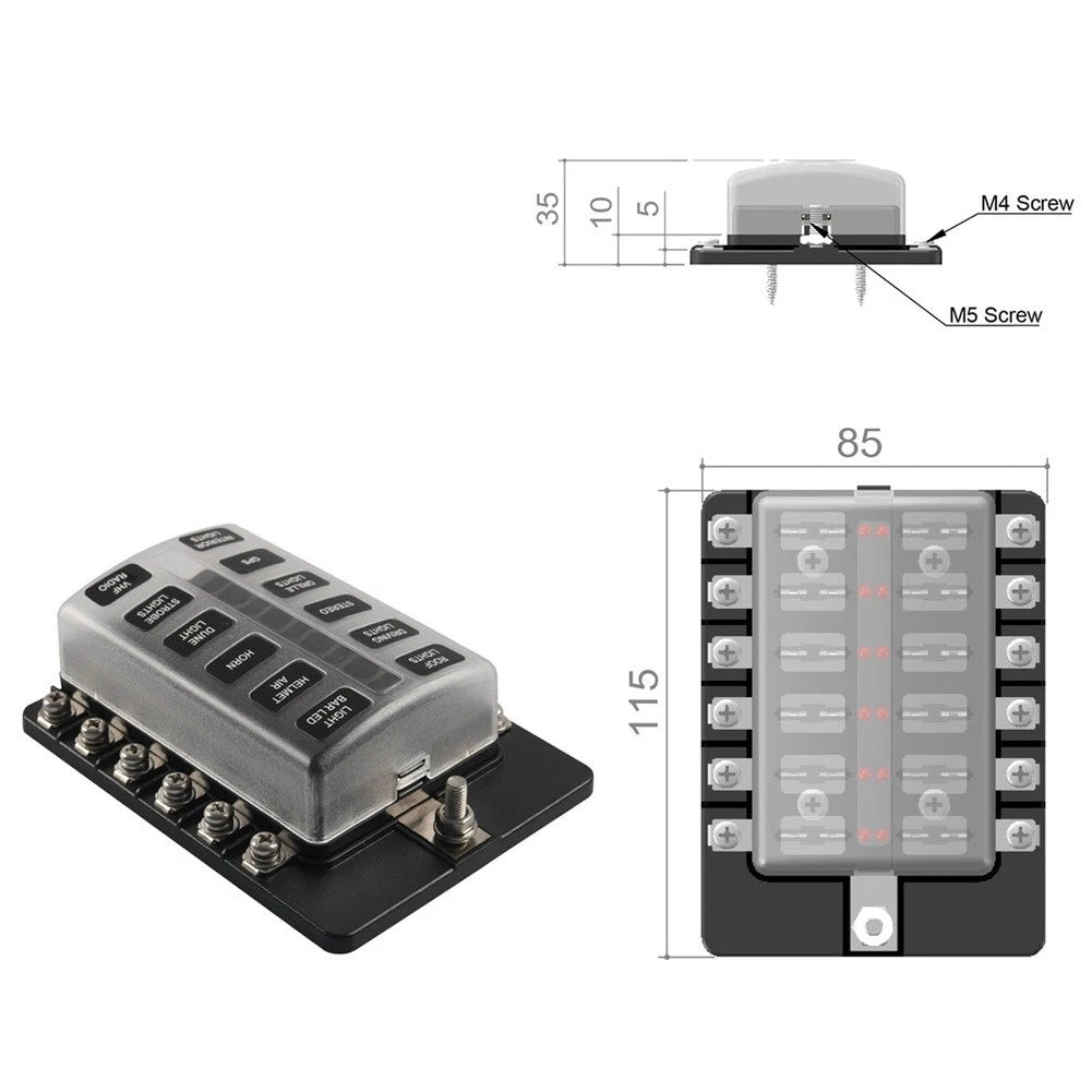 LED 12 Way Fuse Block Holder for Car Boat RV (12V 32V)