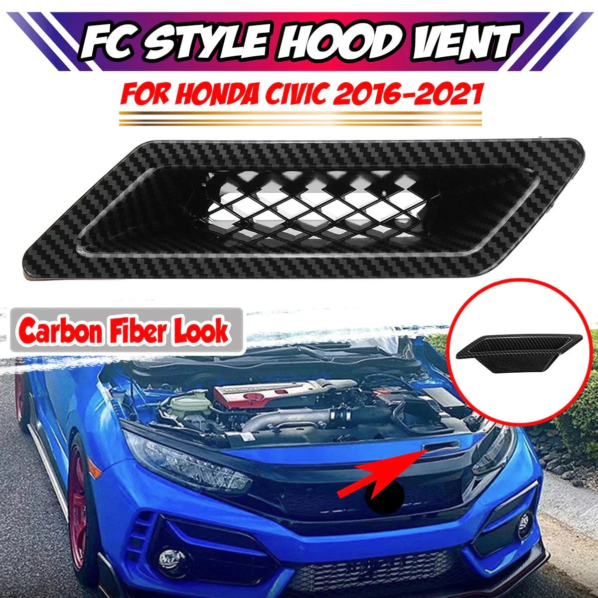 1x Universal Bumper Hood Air Vent Intake Duct FC Style Glossy Carbon Fiber Look