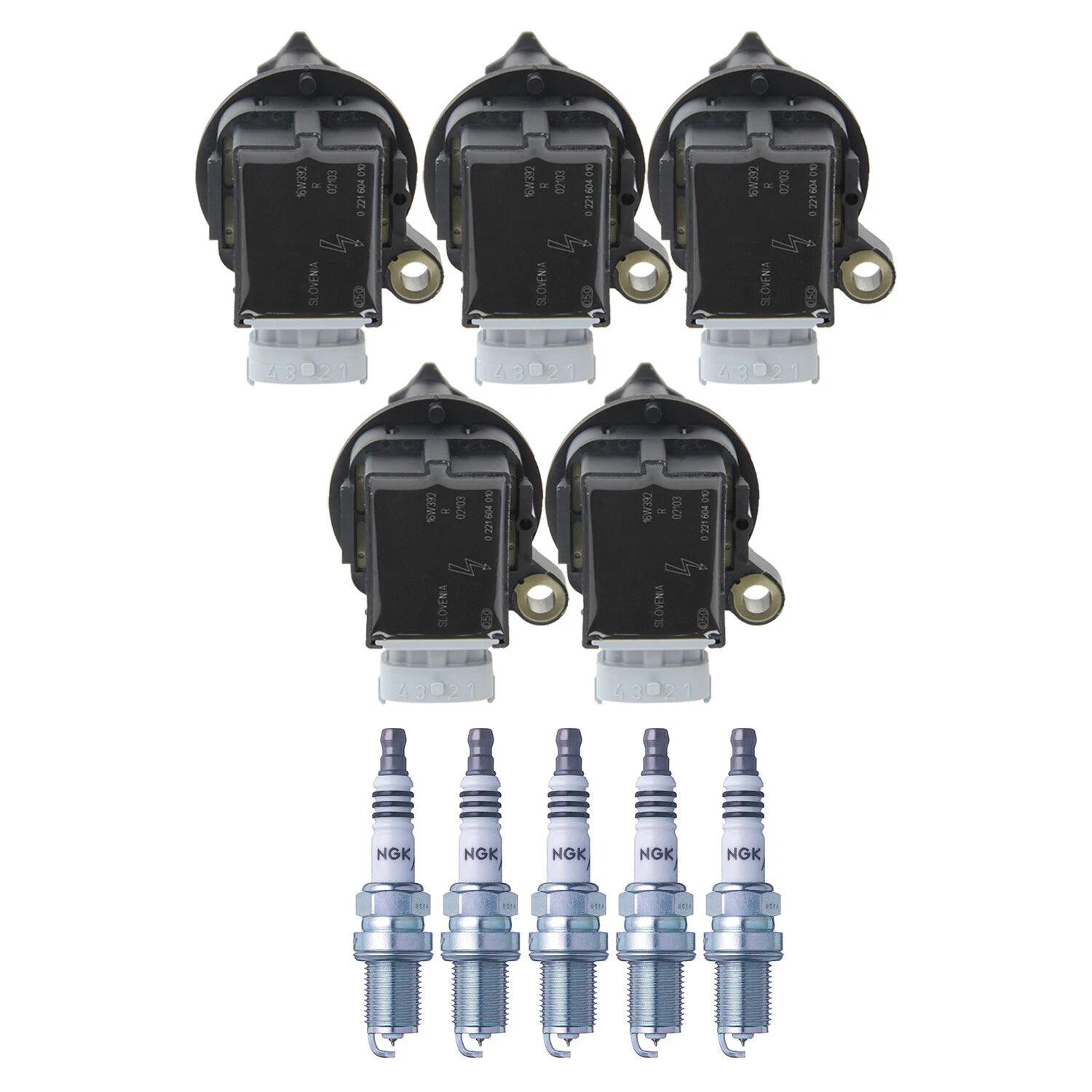 Set of 5 Ignition Coils & Spark Plugs for Volvo C30 C70 S60 V50 V70 (2001–2013)
