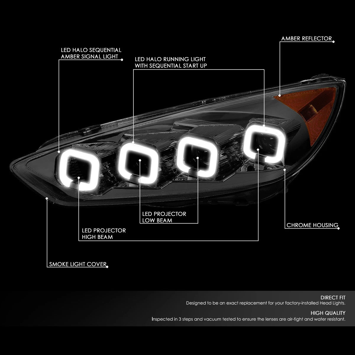 Sequential LED Halo Projector Headlight for Ford Focus (2015–2018) Smoked/Amber