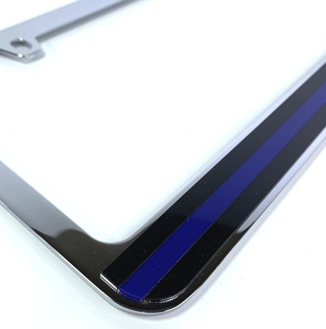 License Plate Frame Police Thin Blue Line Chrome Premium for Universal Fit (Any)