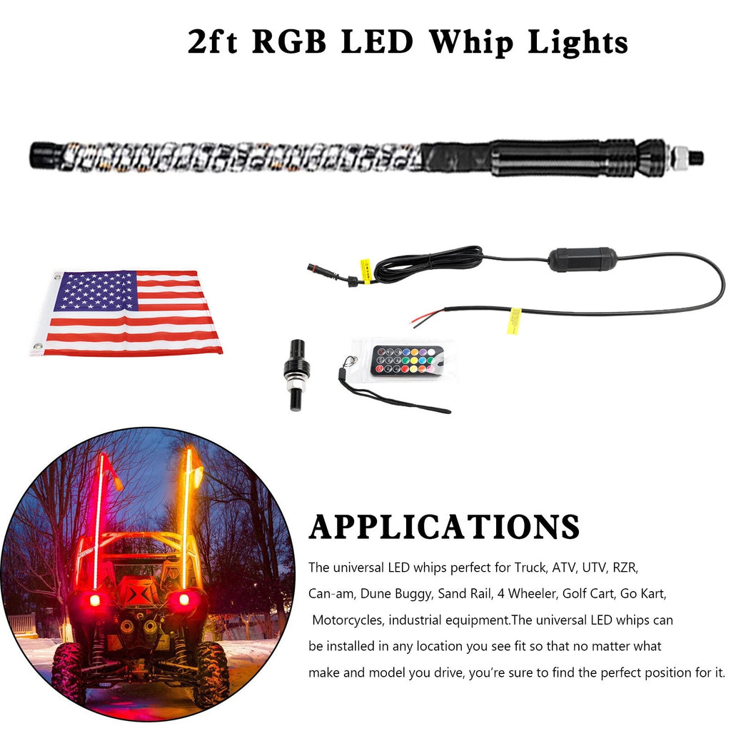 2ft RGB LED Whip Lights for Polaris UTV ATV (2010–2023)